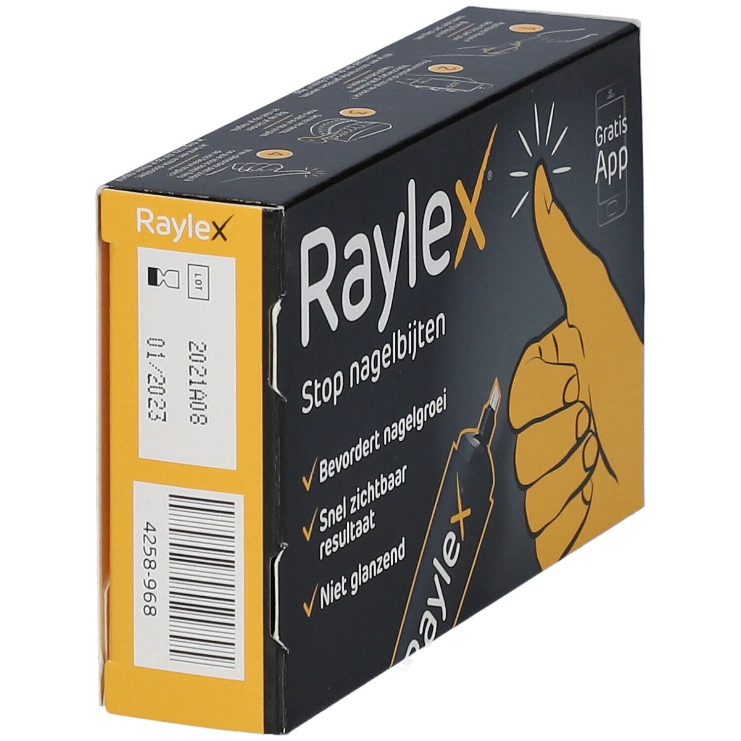 Schwarze Verpackung mit Produktnamen und Illustration einer Hand. Text: Stop nagelbijten, Bevordert nagelgroei, Snel zichtbaar resultaat.