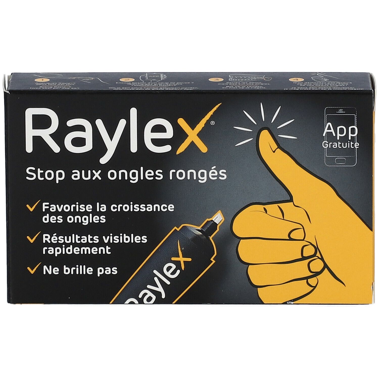 Schwarze Verpackung mit Produktnamen und Illustration einer Hand. Text: Stop aux ongles rongés, Favorise la croissance des ongles.