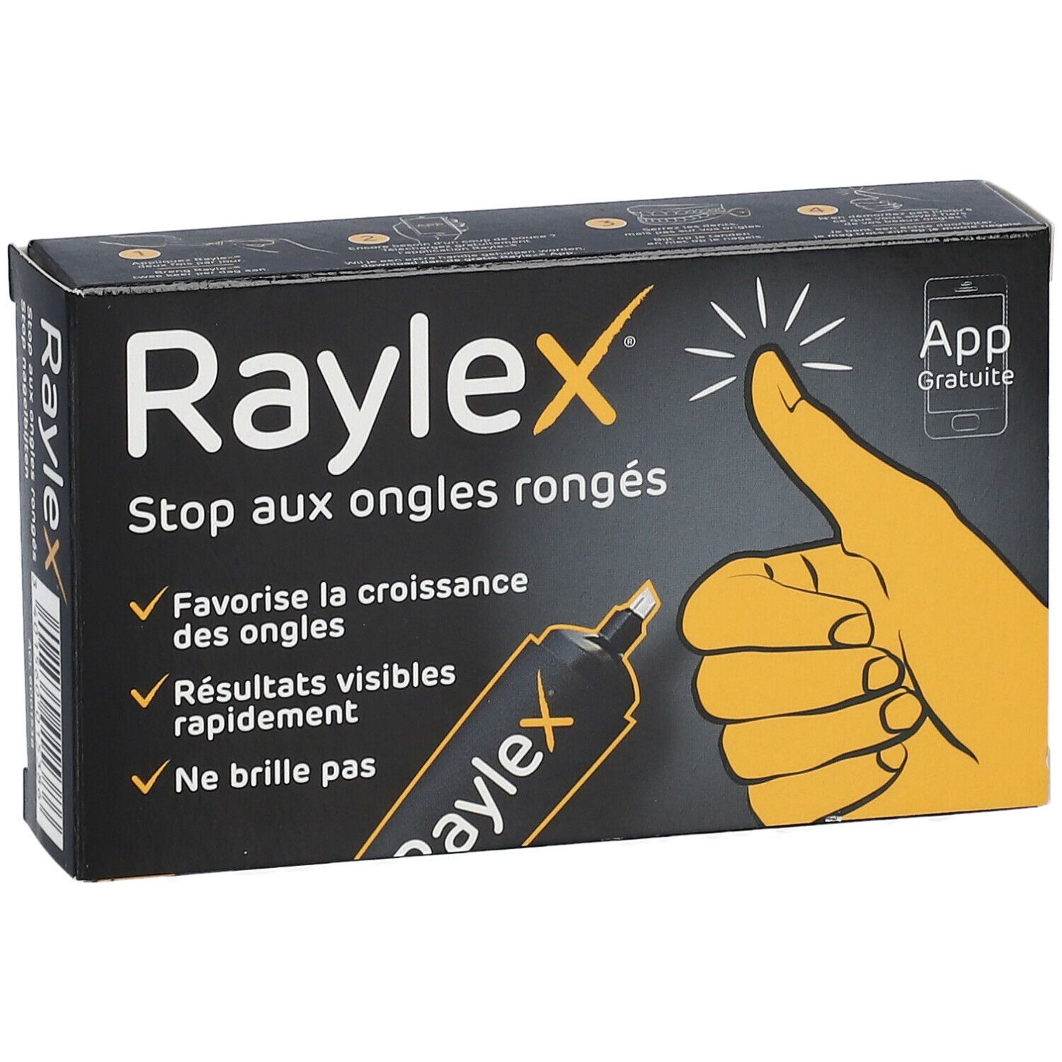 Schwarze Verpackung mit Produktnamen und Illustration einer Hand. Text: Stop aux ongles rongés, Favorise la croissance des ongles.