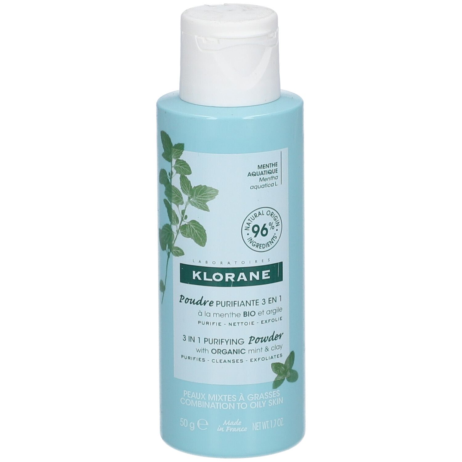 Lichtblauwe fles met witte dop. Opschrift: KLORANE, Poudre Purifiante 3 en 1. Met munt en klei.