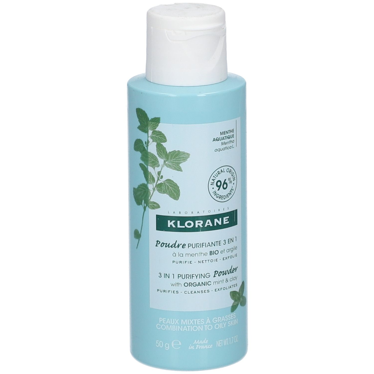 Lichtblauwe fles met witte dop. Opschrift: KLORANE, Poudre Purifiante 3 en 1. Met munt en klei.