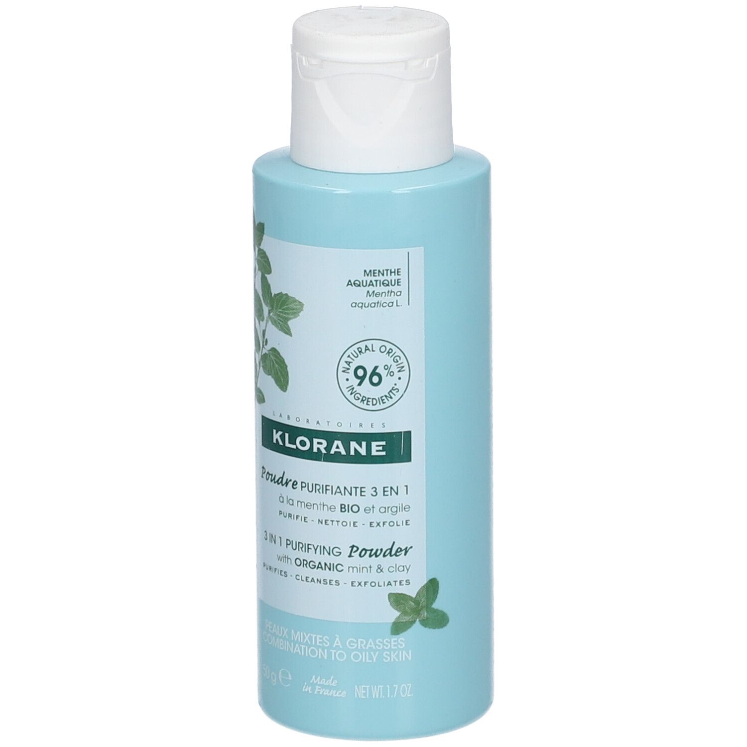 Lichtblauwe fles met witte dop. Opschrift: KLORANE, Poudre Purifiante 3 en 1. Met munt en klei.