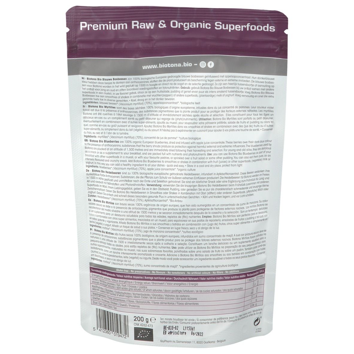 Rückseite der Biotona Blaubeeren-Verpackung. Text in mehreren Sprachen, darunter Deutsch. Gewicht: 200g. Barcode und Bio-Siegel.