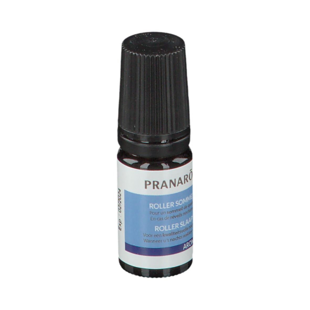 Kleine fles met zwarte dop. Opschrift: Pranarôm, Roller Sommeil, Roller Slaap.