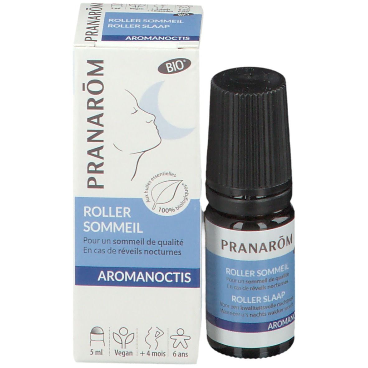 Fles en doos. Opschrift: Pranarôm, Roller Sommeil, Roller Slaap. BIO-certificering.