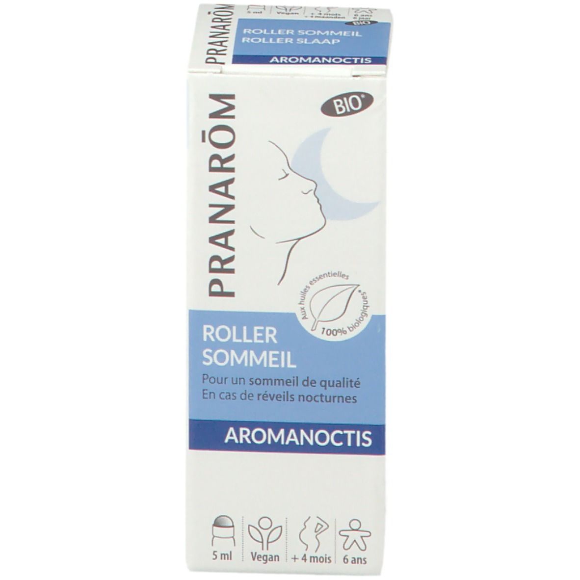 Doos met opschrift: Pranarôm, Roller Sommeil, BIO-certificering.