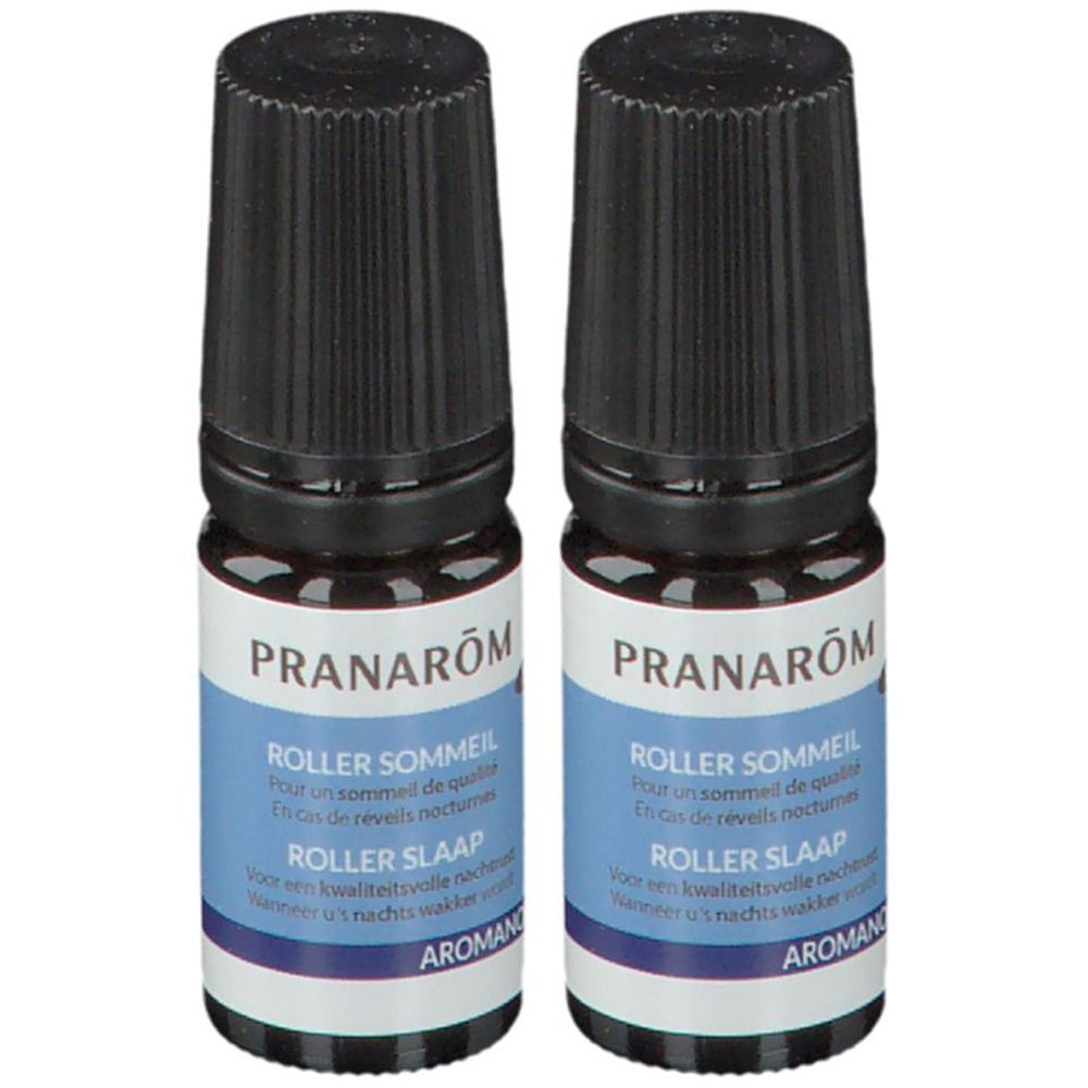 Twee flessen met zwarte dop. Opschrift: Pranarôm, Roller Sommeil, Roller Slaap.