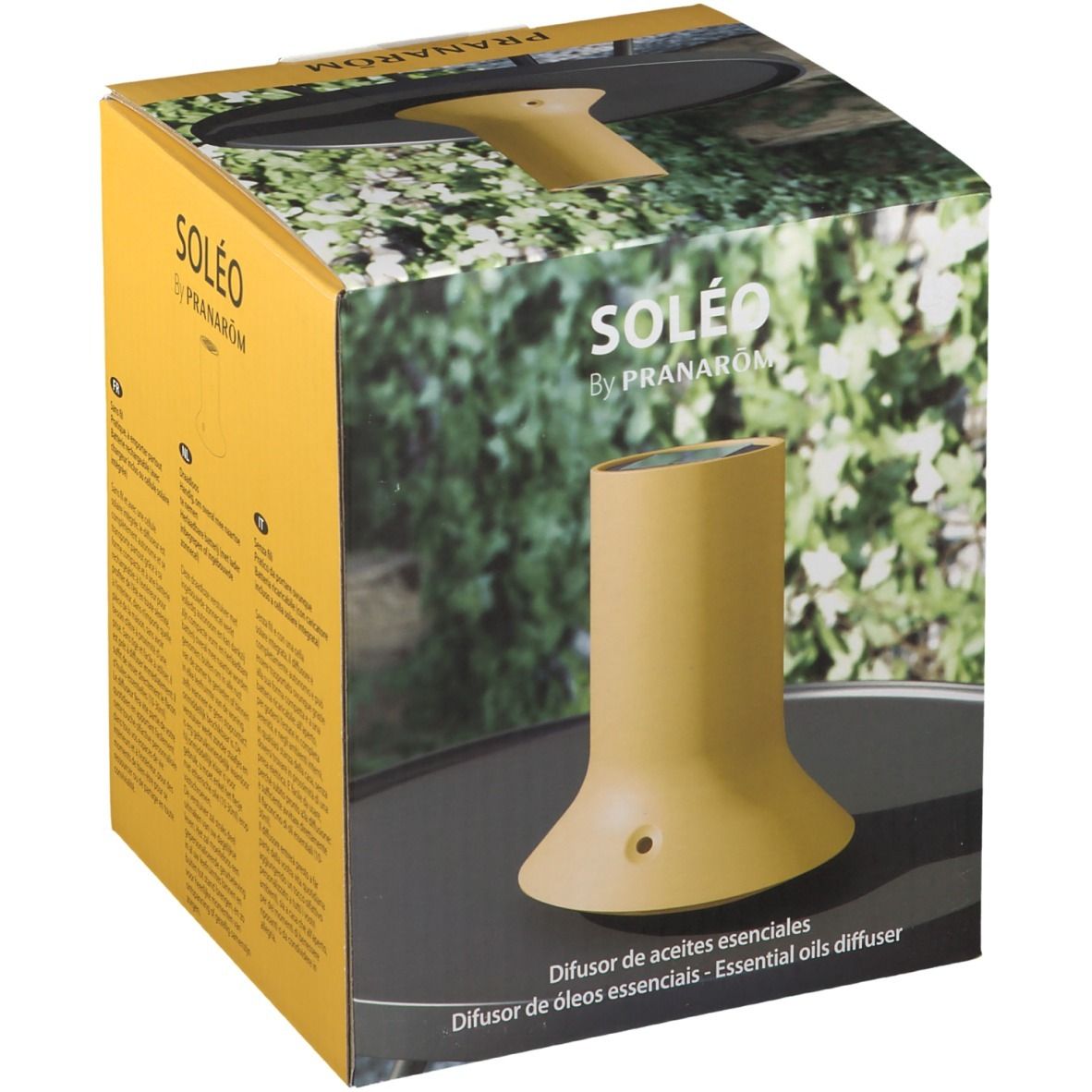 Appareil Soléo jaune dans son emballage. Inscriptions: PRANAROM, Soléo. Sur l'emballage: Diffuseur d'huiles essentielles.