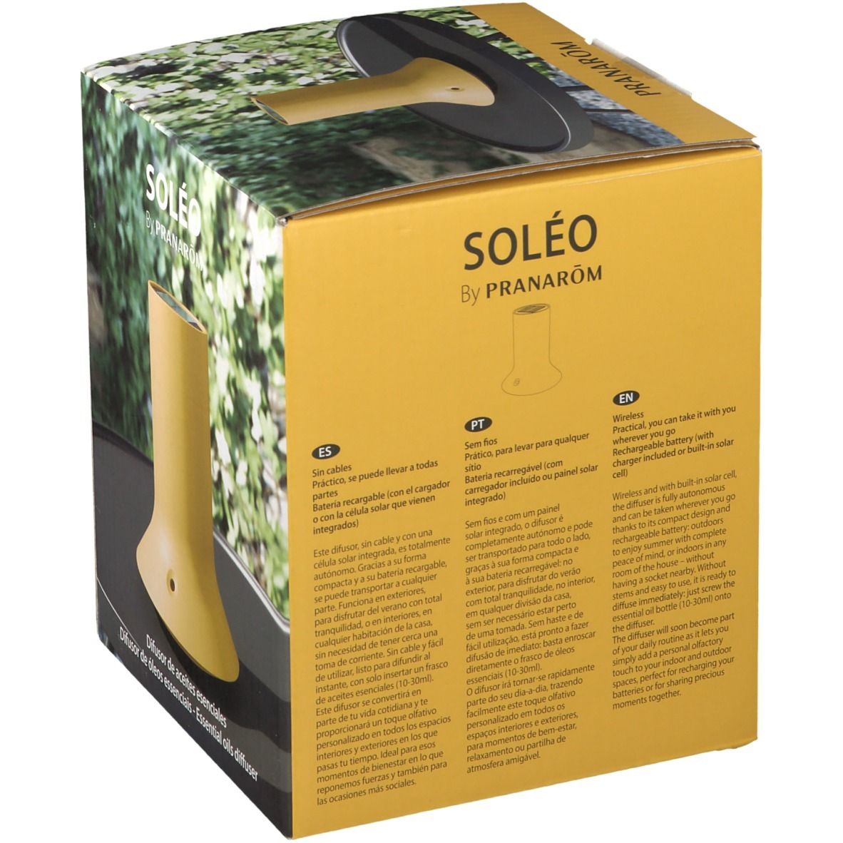Emballage avec appareil Soléo jaune. Inscriptions: PRANAROM, Soléo. Texte multilingue. Diffuseur d'huiles essentielles.