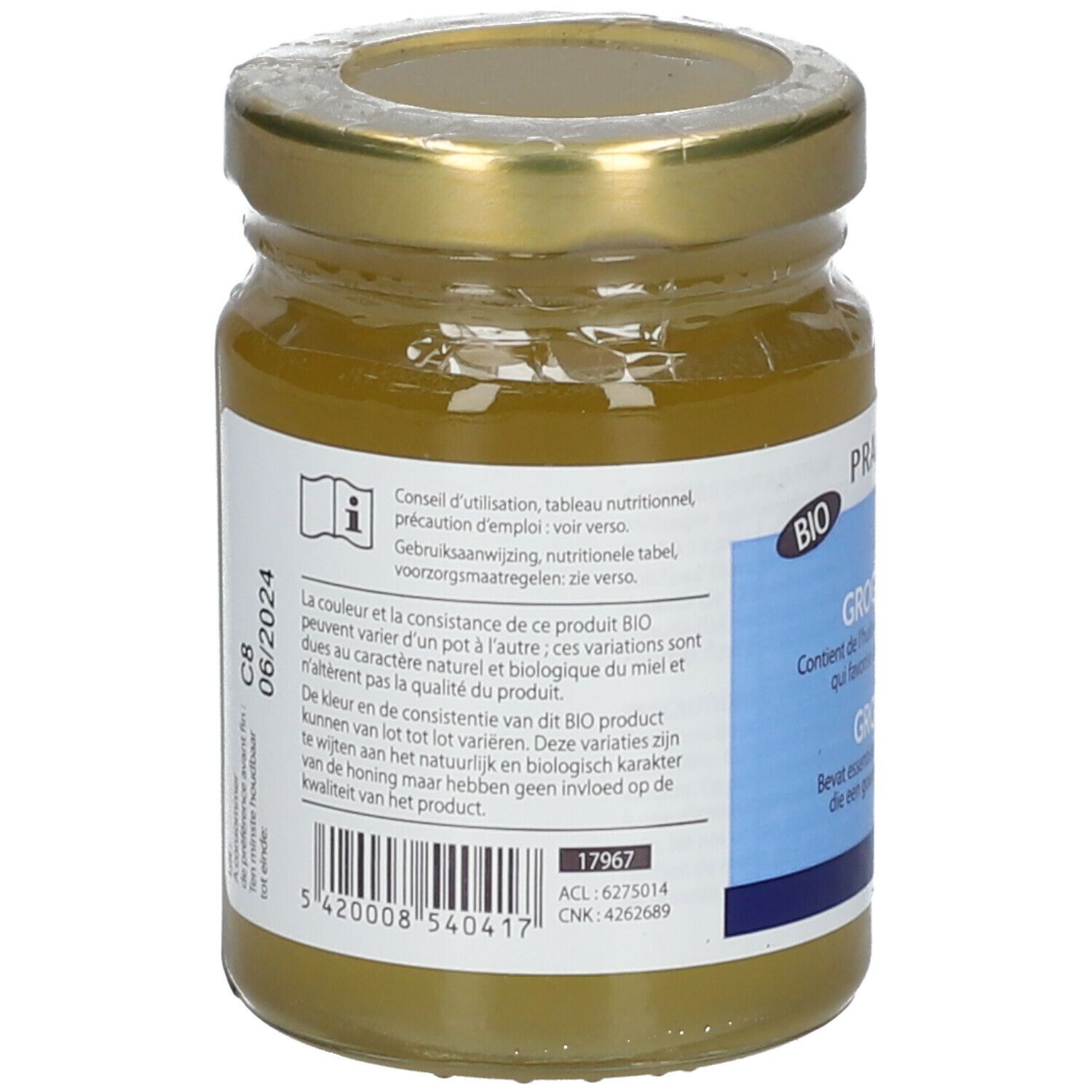 Dos d'un pot en verre avec couvercle doré. Étiquette avec texte, code-barres et date de péremption. Certification BIO.