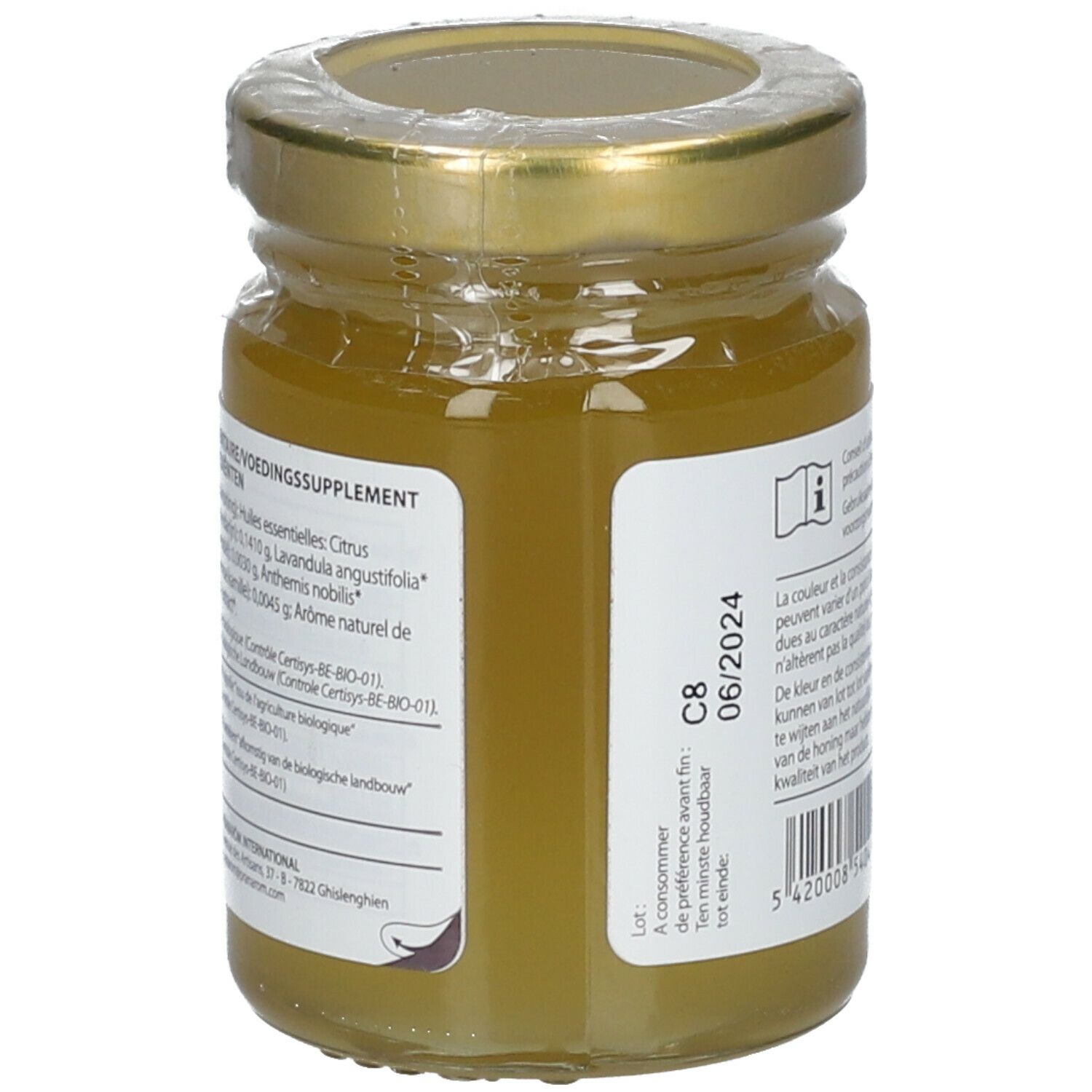 Dos d'un pot en verre avec couvercle doré. Étiquette avec texte et date de péremption. Certification BIO.