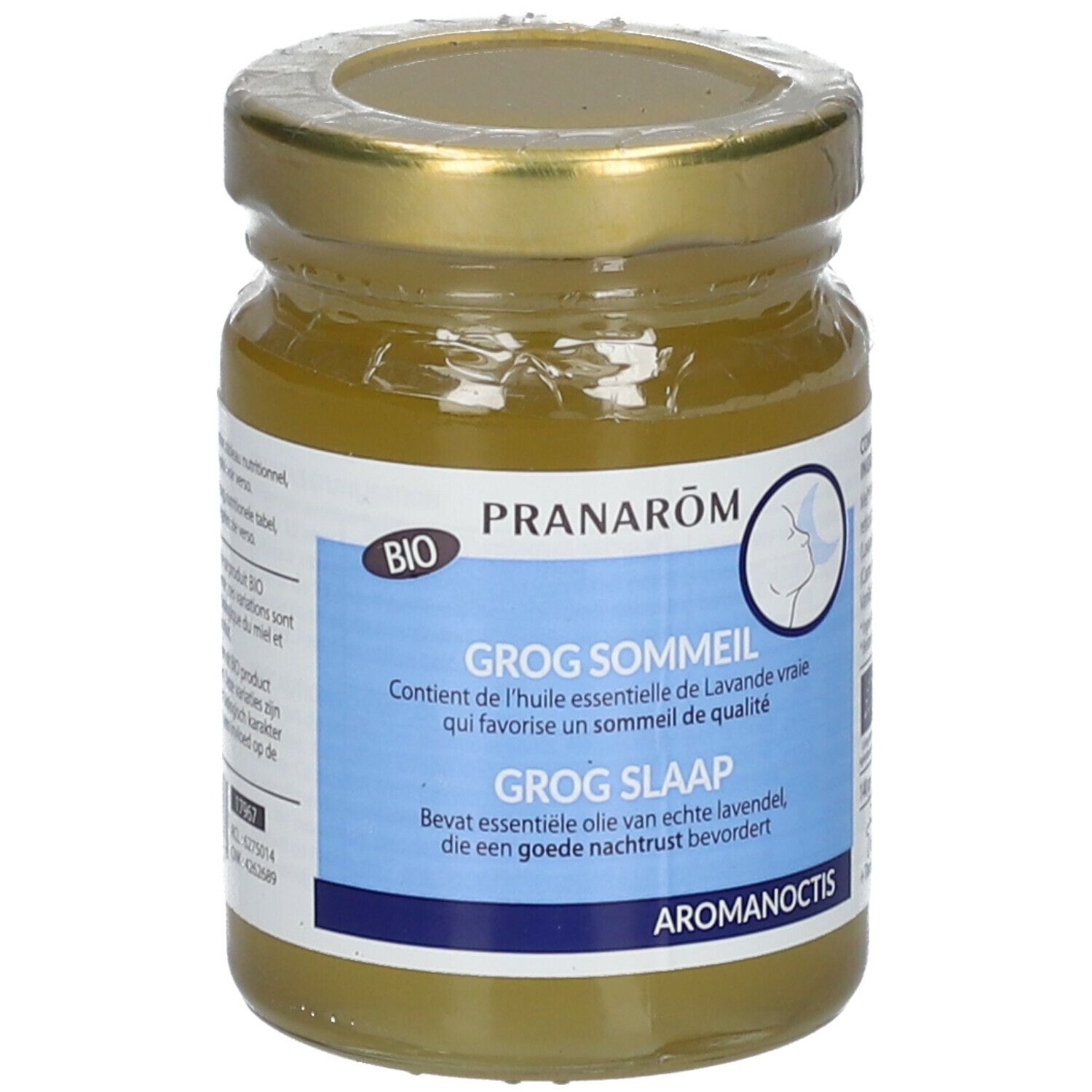 Pot en verre avec couvercle doré. Étiquette avec texte et logo. Certification BIO. Nom du produit et description en français et néerlandais.