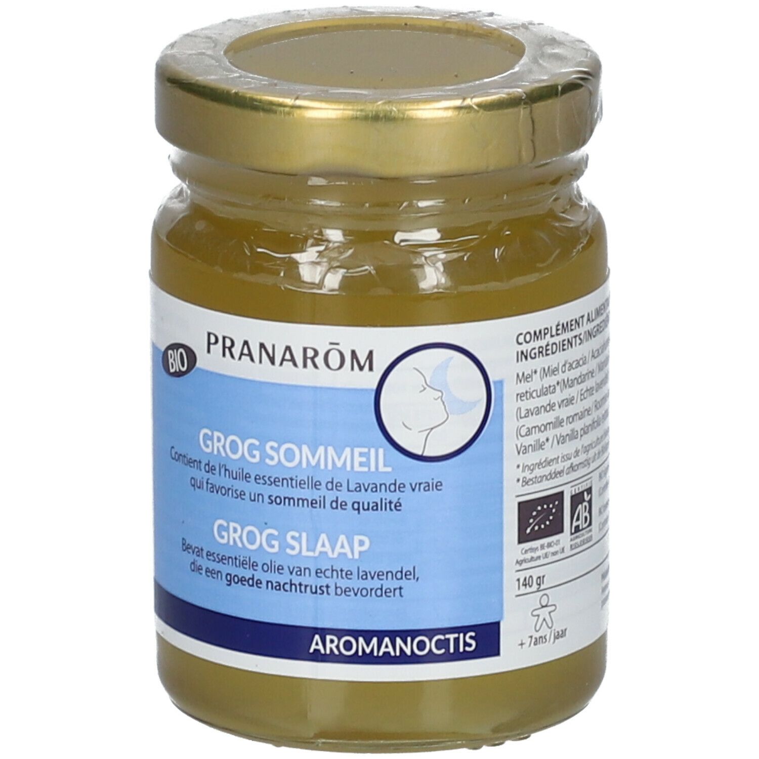 Pot en verre avec couvercle doré. Étiquette avec texte et logo. Certification BIO. Nom du produit et description en français et néerlandais. 140g.