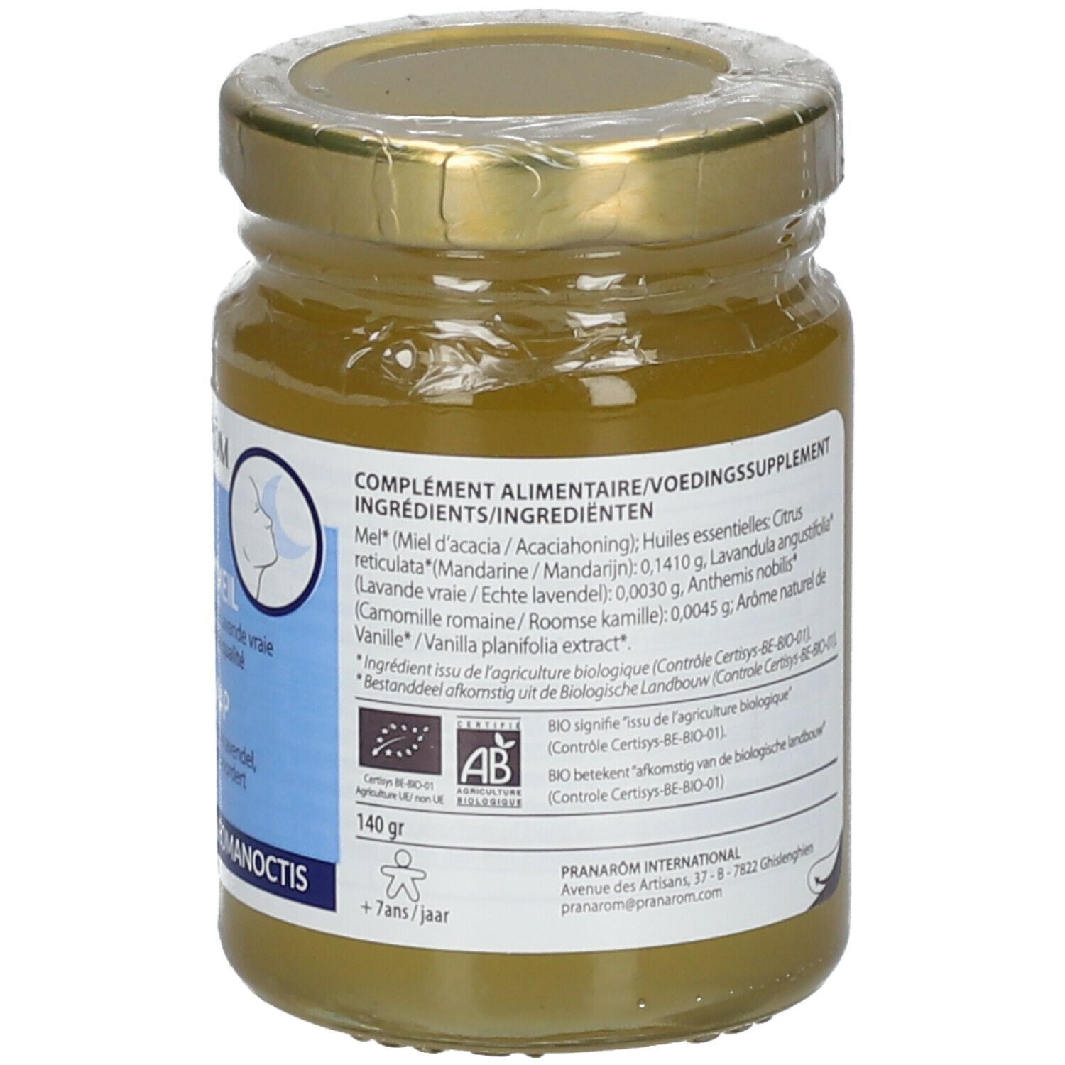 Dos d'un pot en verre avec couvercle doré. Étiquette avec texte, ingrédients, certification BIO, logo et adresse. 140g.