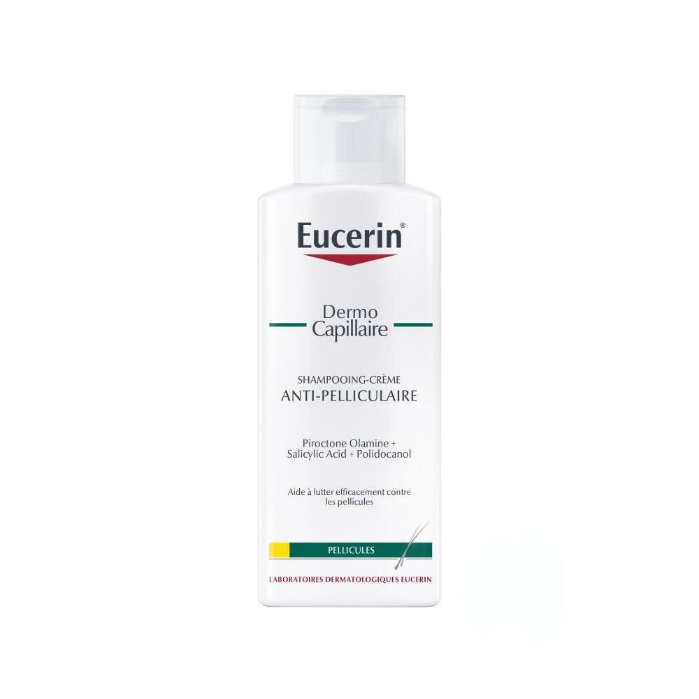 Flacon blanc Eucerin DermoCapillaire Anti-Pelliculaire. Étiquette verte. Nom du produit et ingrédients visibles.