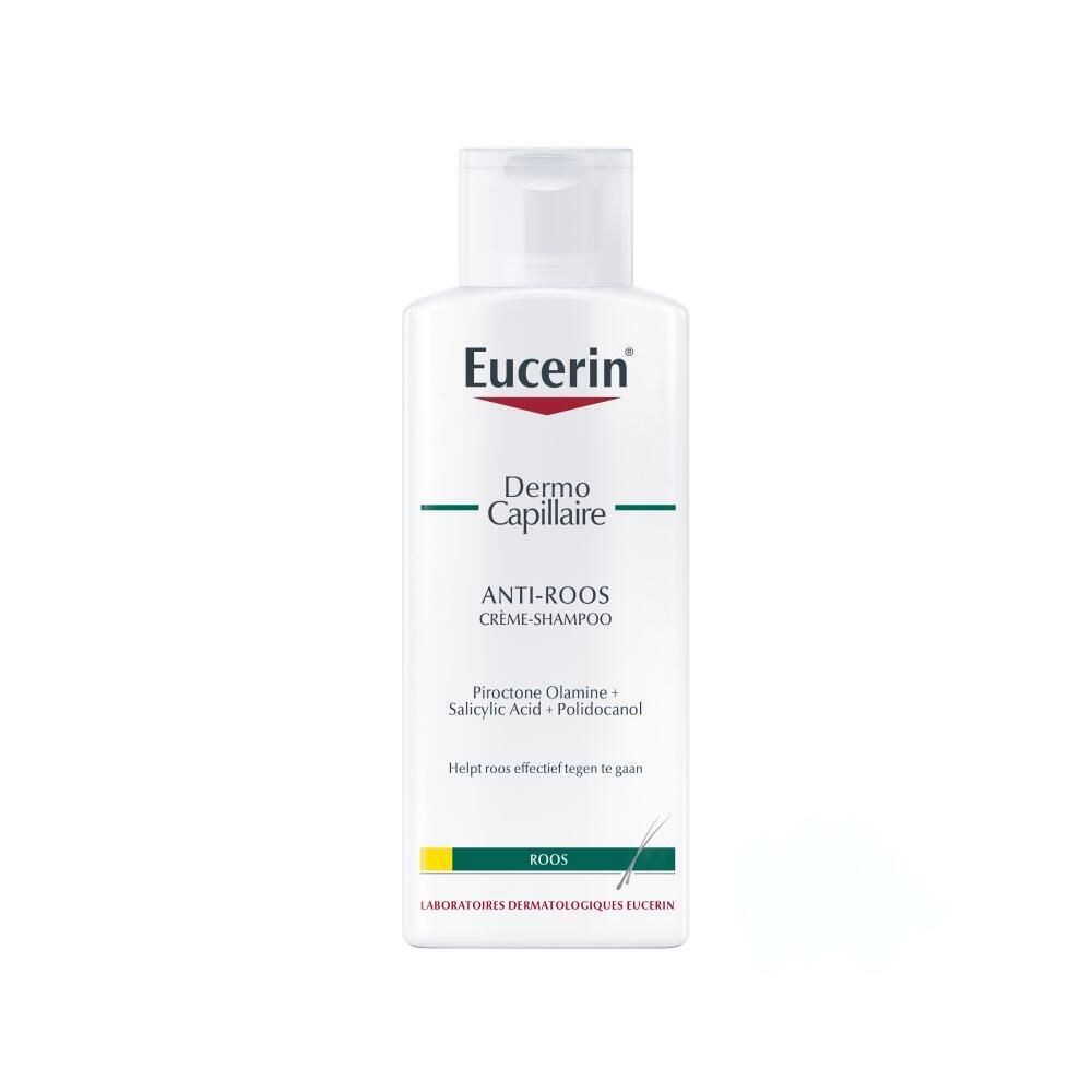 Eucerin Anti-Roos Crème-Shampoo. Witte fles met groen etiket. Productnaam en ingrediënten zichtbaar.