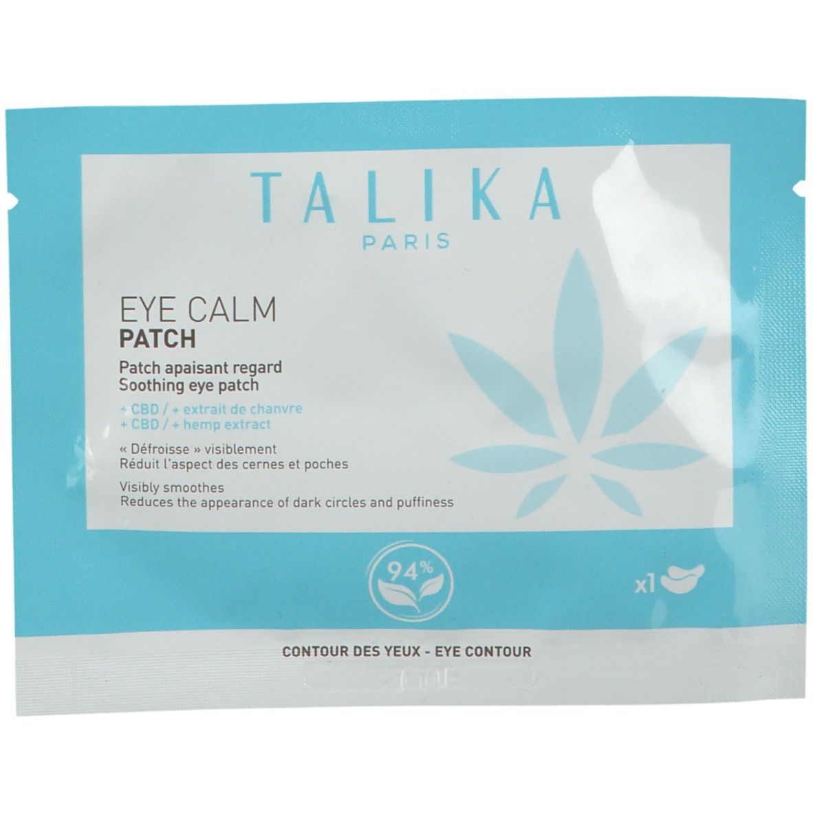 Blauw-witte verpakking met productnaam en logo. Bevat oogpatches. Tekst: Eye Calm Patch, CBD, hennep extract.