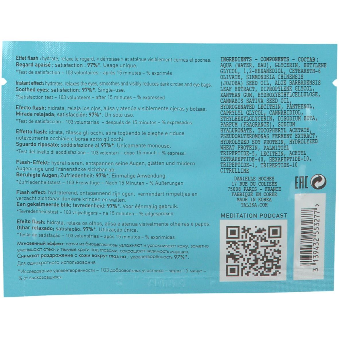 Achterkant van de verpakking. Bevat ingrediënten, instructies en QR-code. Tekst: Ingrediënten, Meditation Podcast, Eac.