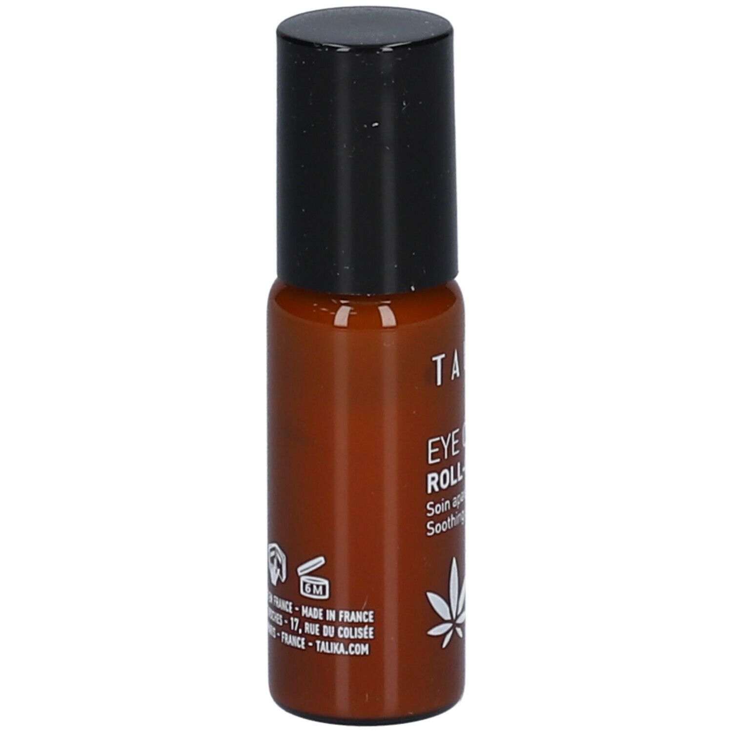 Bruine roll-on fles met zwarte dop. Opschrift: TALIKA, EYE ROLL-ON. Symbolen en tekst op de achterkant.