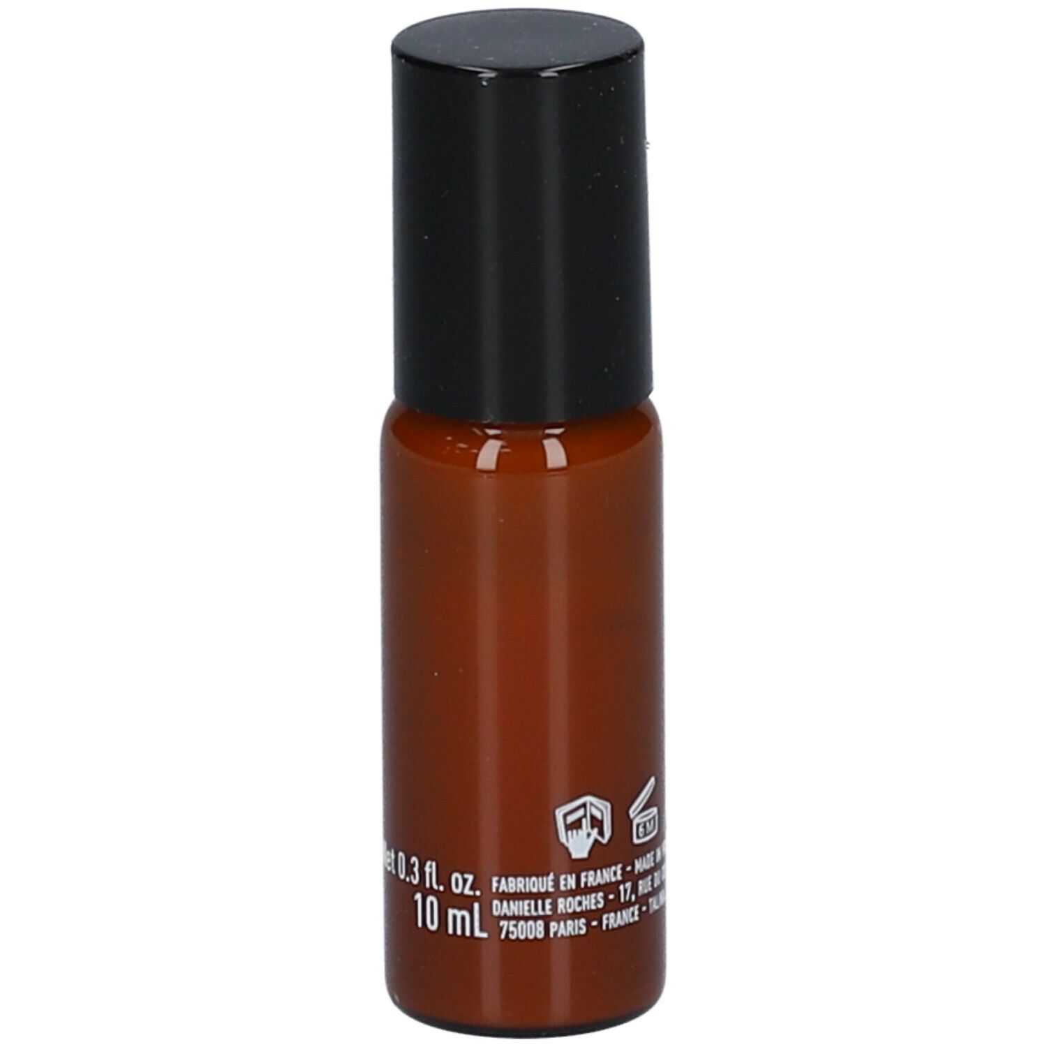 Bruine roll-on fles met zwarte dop. Opschrift: 0.3 fl. oz. en 10 ml. Tekst en symbolen op de achterkant.