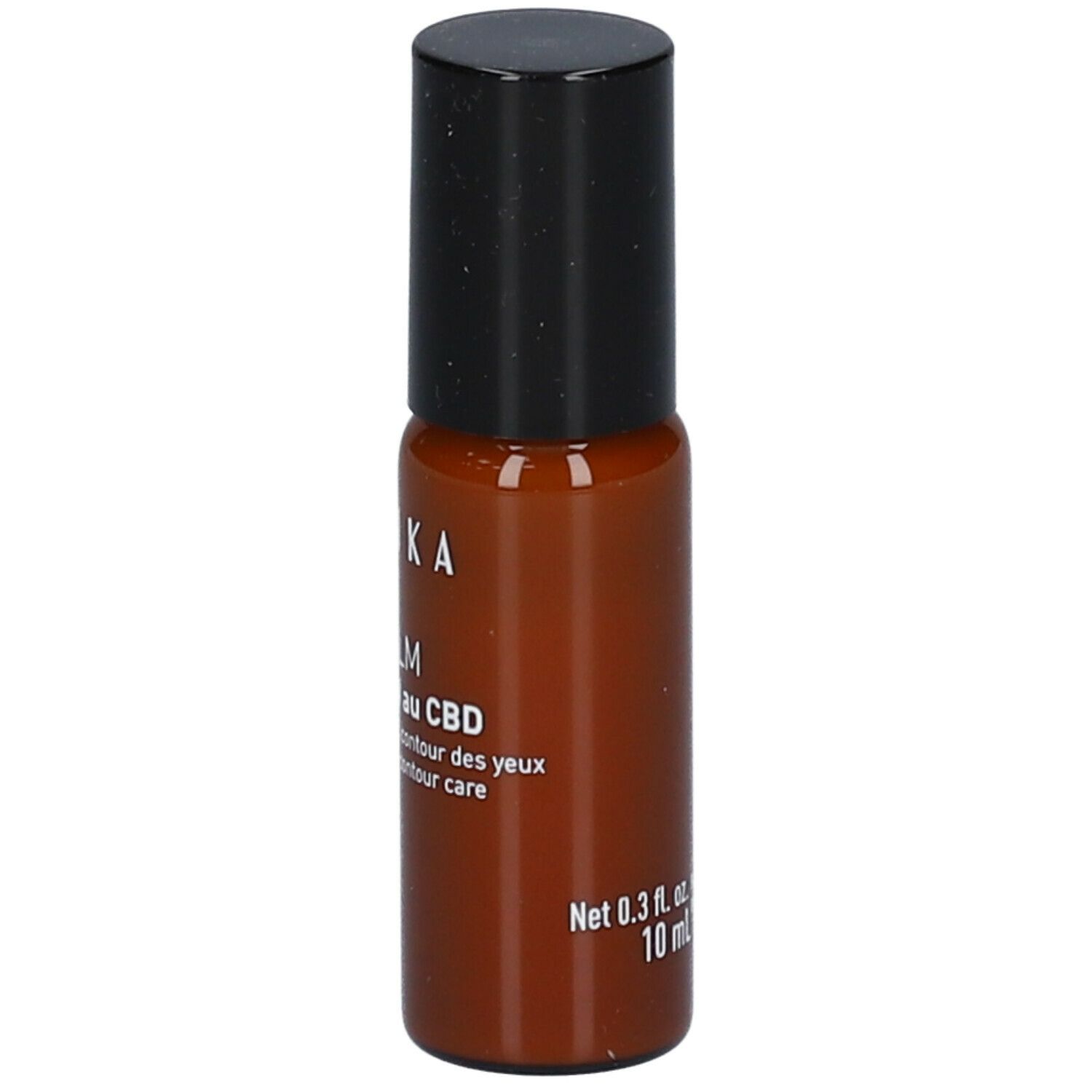 Bruine roll-on fles met zwarte dop. Opschrift: TALIKA, EYE CALM ROLL-ON au CBD. 10 ml.