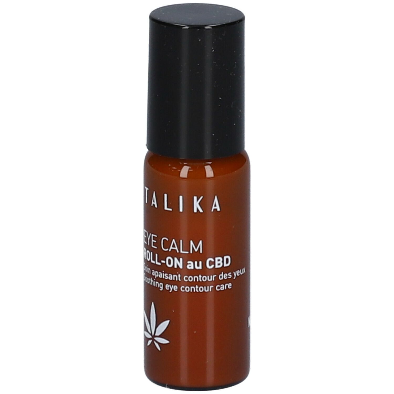 Bruine roll-on fles met zwarte dop. Opschrift: TALIKA, EYE CALM ROLL-ON au CBD. Hennepblad-symbool.