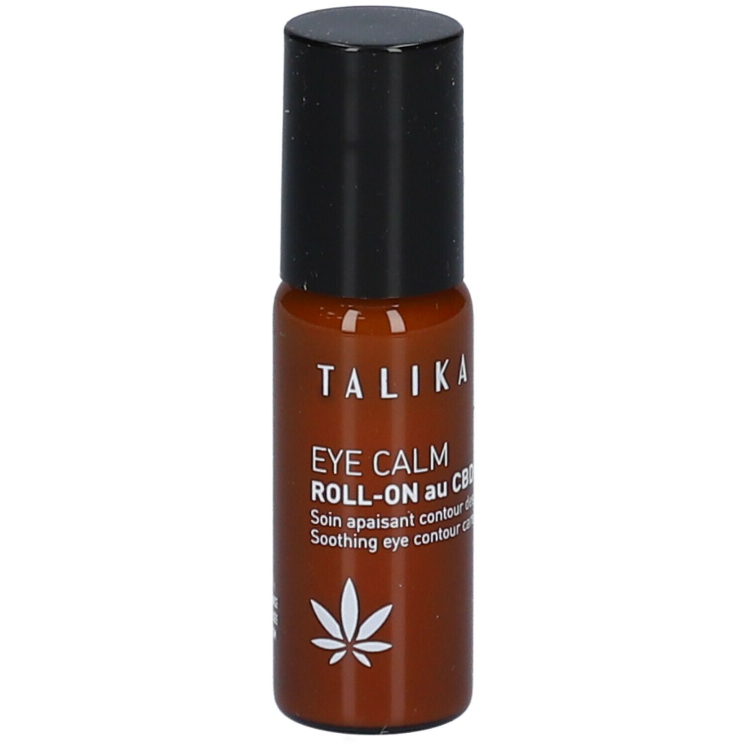 Bruine roll-on fles met zwarte dop. Opschrift: TALIKA, EYE CALM ROLL-ON au CBD. Hennepblad-symbool.