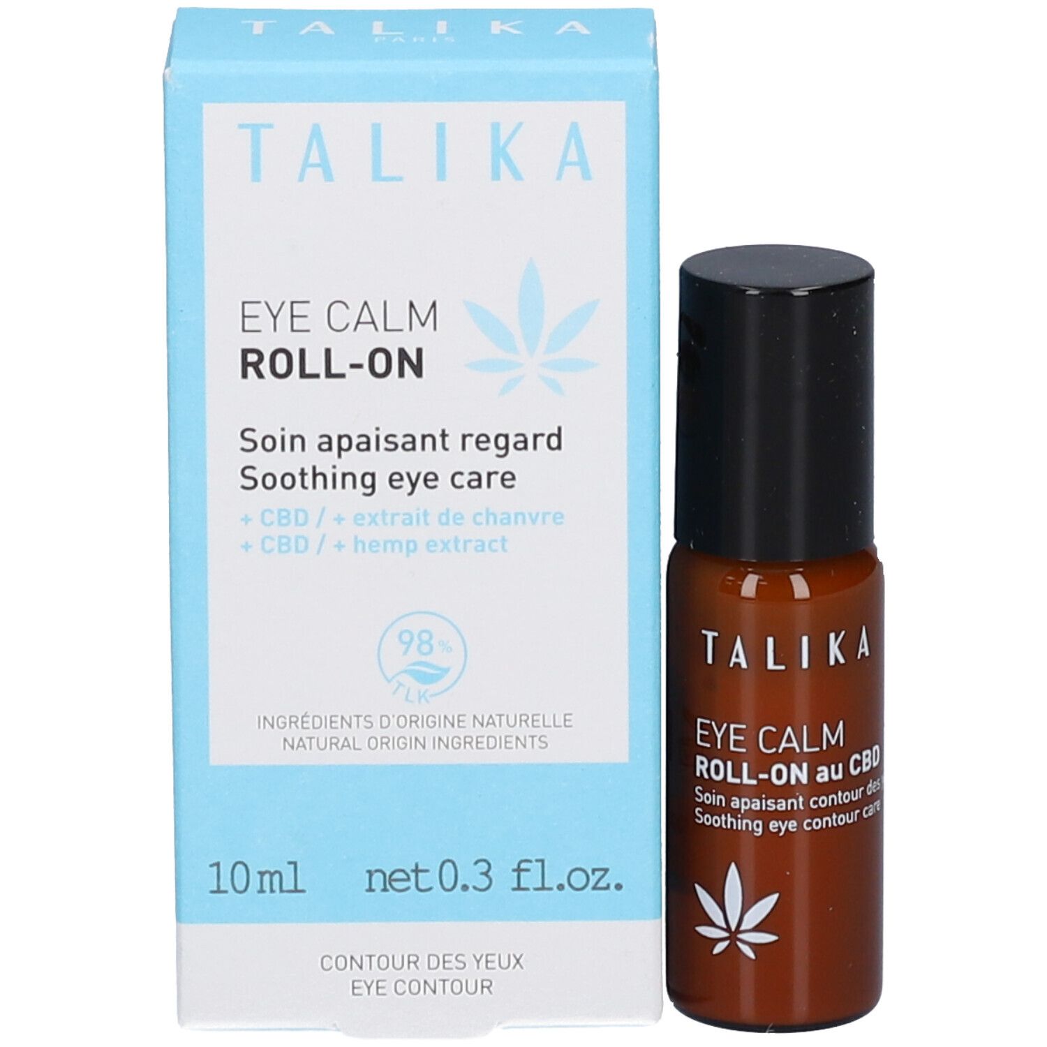 Product en verpakking. Blauwe doos en bruine roll-on fles. Opschrift: TALIKA, EYE CALM ROLL-ON. 10 ml.