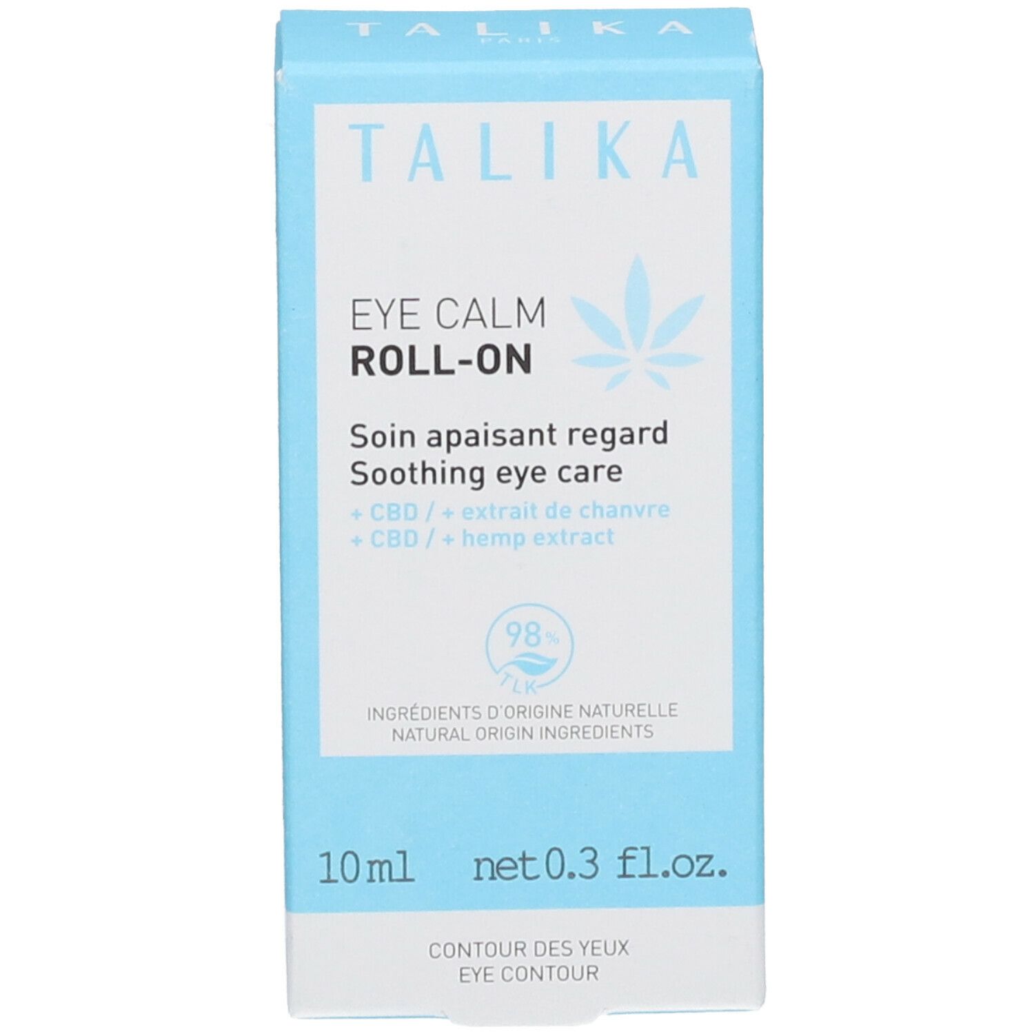 Blauwe verpakking. Opschrift: TALIKA, EYE CALM ROLL-ON. 10 ml. Tekst en hennepblad-symbool.