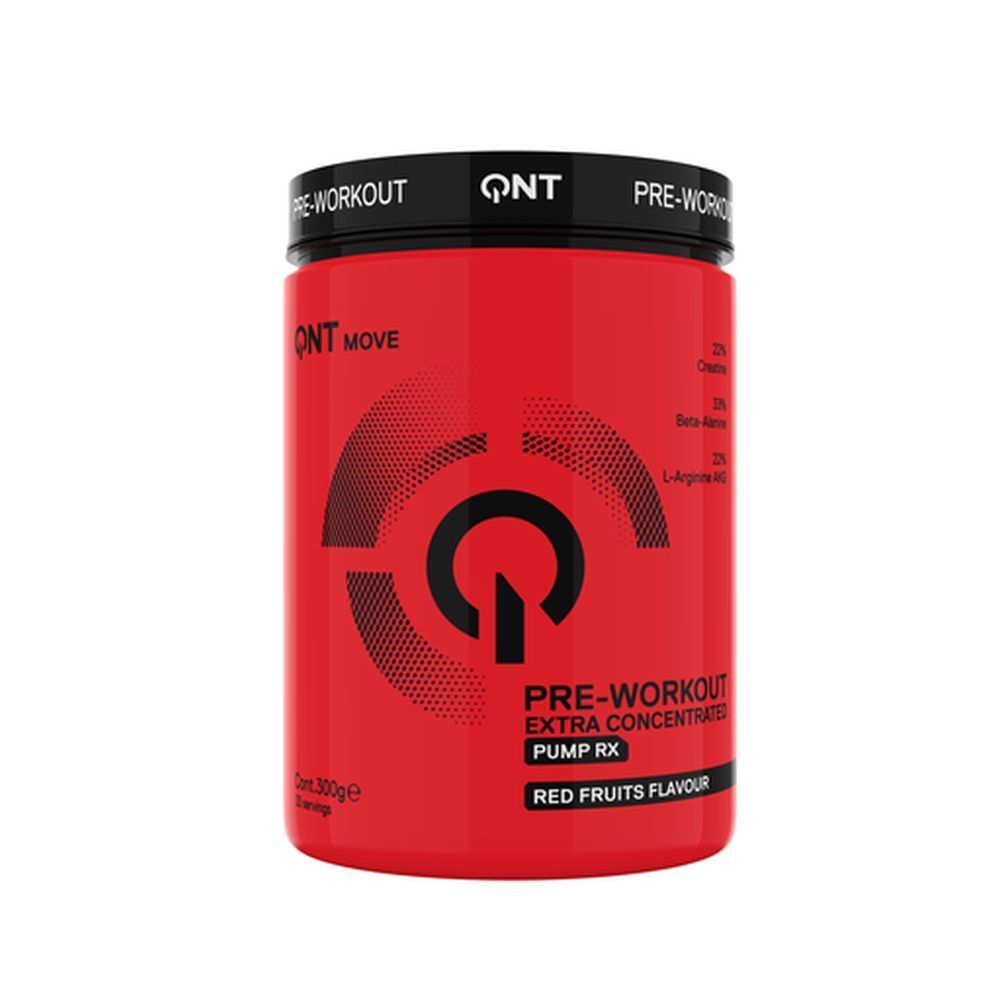 Rode pot met zwarte deksel. Opschrift: QNT PRE-WORKOUT Extra Concentrated Red Fruits. Logo en productnamen.