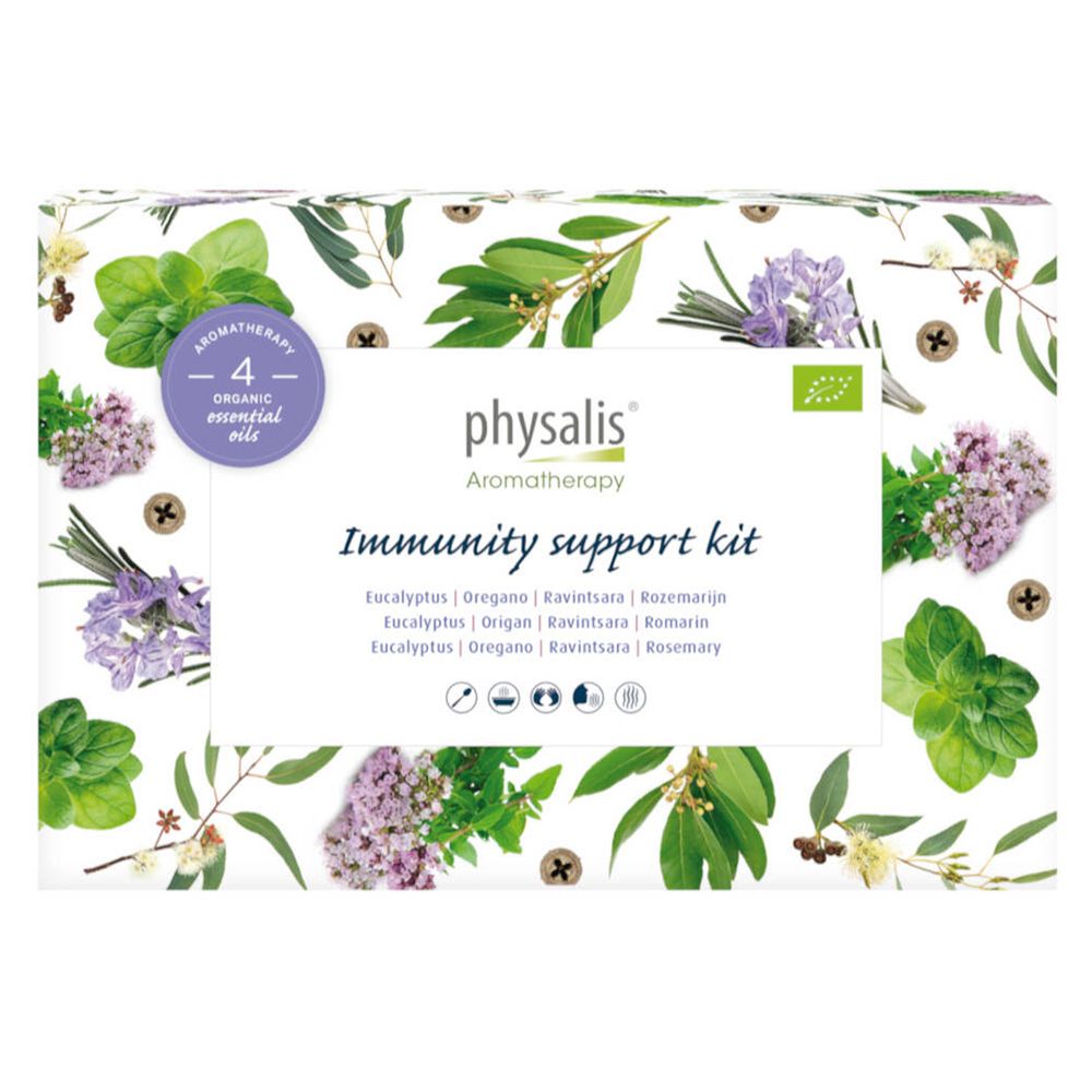Doos Physalis® Aromatherapie. Bedrukt met plantenmotieven en productinformatie. Bevat 4 biologische essentiële oliën.