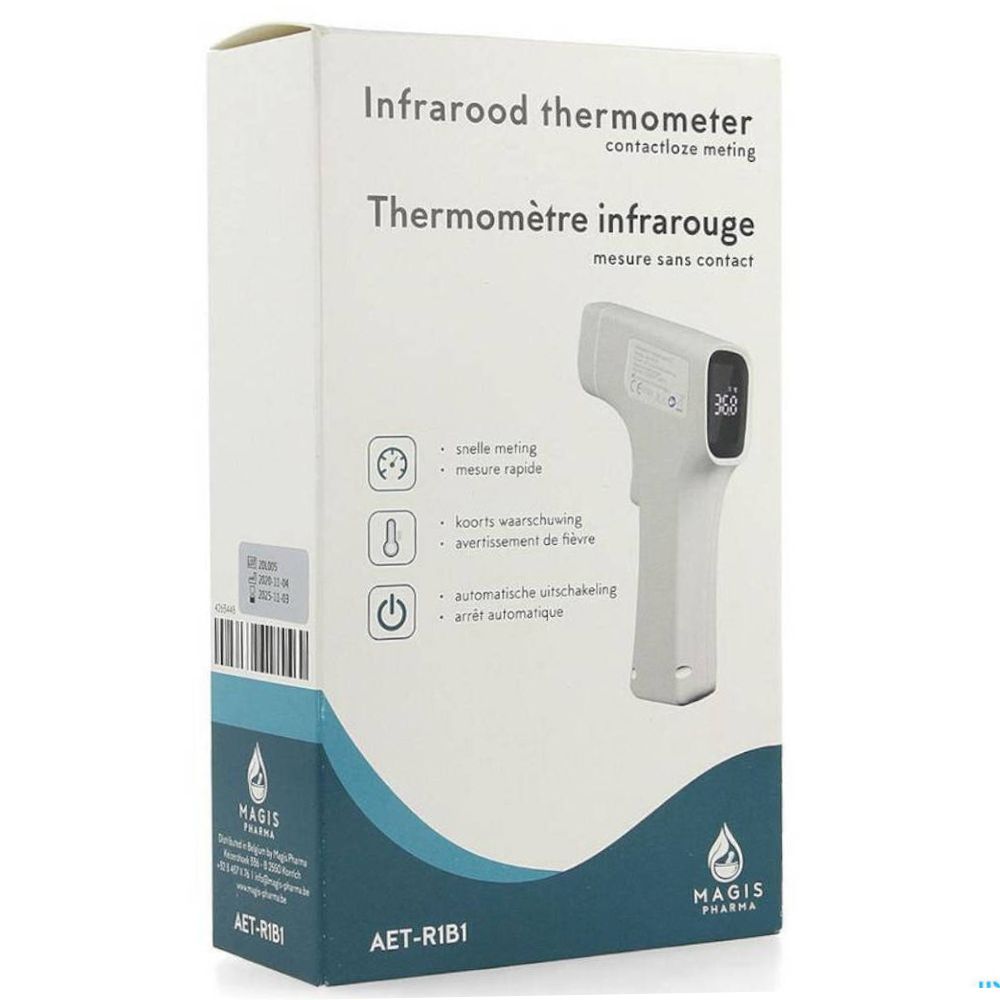 Infrarood thermometer in verpakking. Wit apparaat met display. Tekst: Thermomètre infrarouge, Magis Pharma.