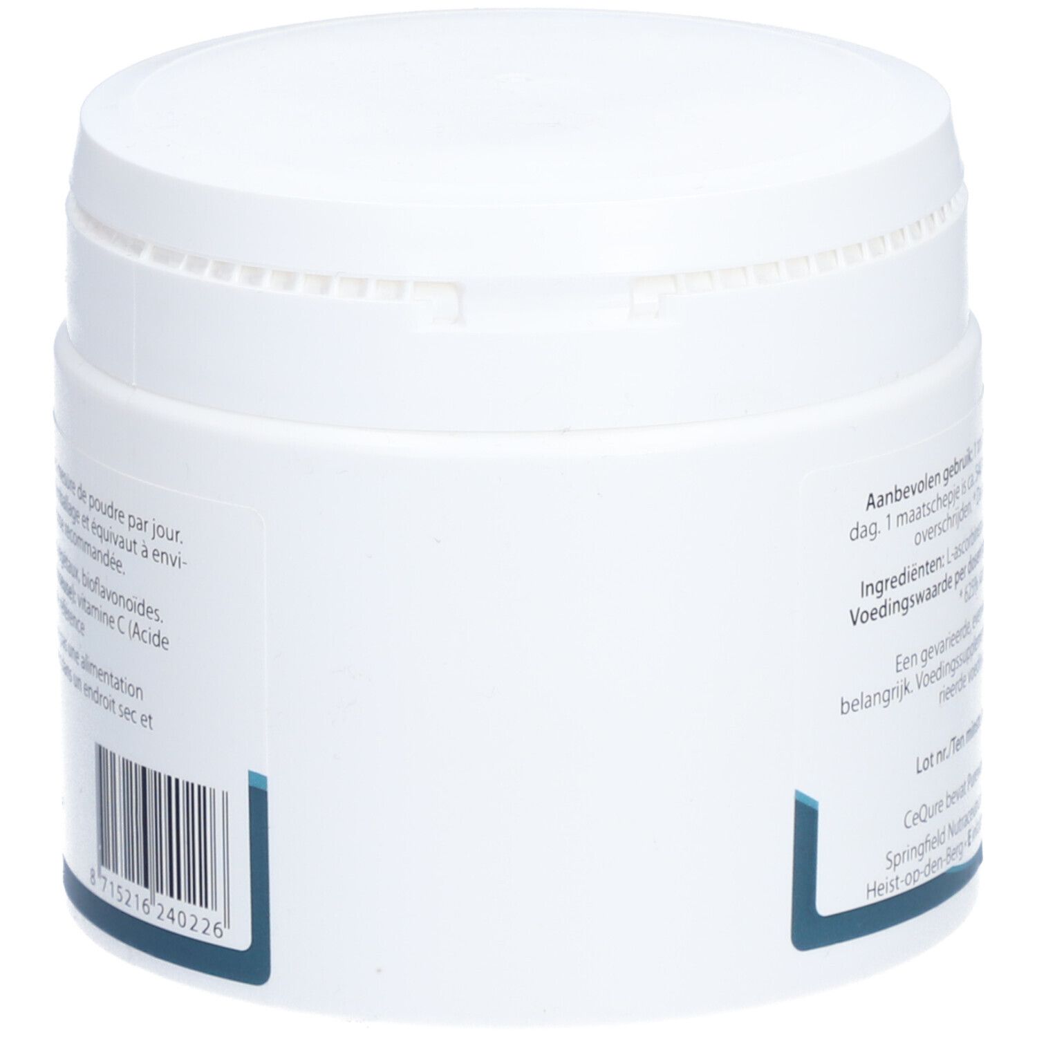 Zijaanzicht van de witte pot Springfield CeQure. Barcode en tekst.