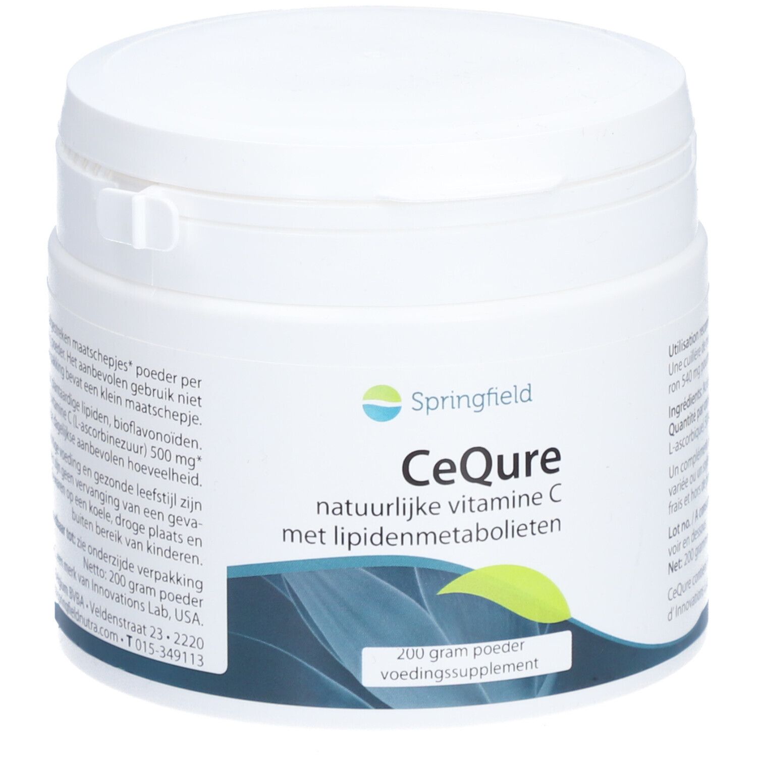 Witte pot Springfield CeQure. Opschrift: Natuurlijke vitamine C met lipidenmetabolieten. 200g poeder.
