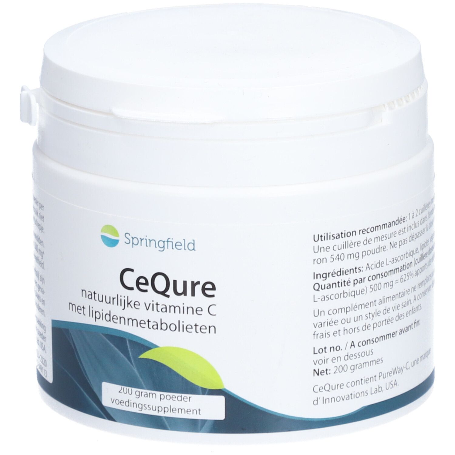 Witte pot Springfield CeQure. Opschrift: Natuurlijke vitamine C met lipidenmetabolieten. 200g poeder.