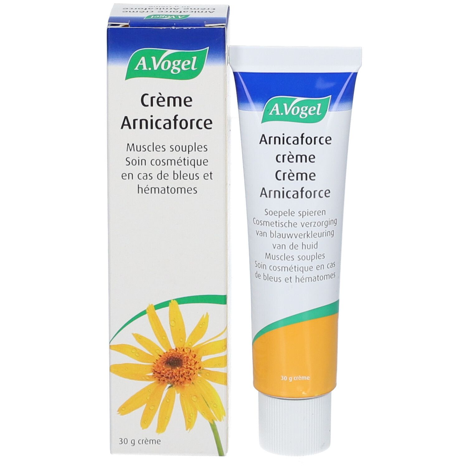 Productverpakking: doos en tube. Doos met productnaam en zonnebloemillustratie. Tube ernaast.