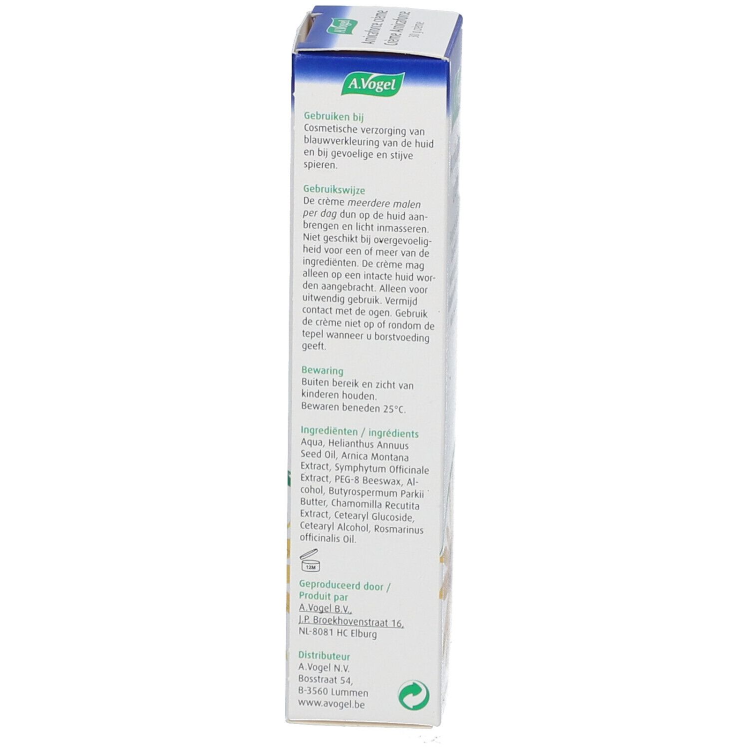 Zijkant van de productverpakking. Meertalige tekst. Bevat ingrediënten en fabrikantinformatie.