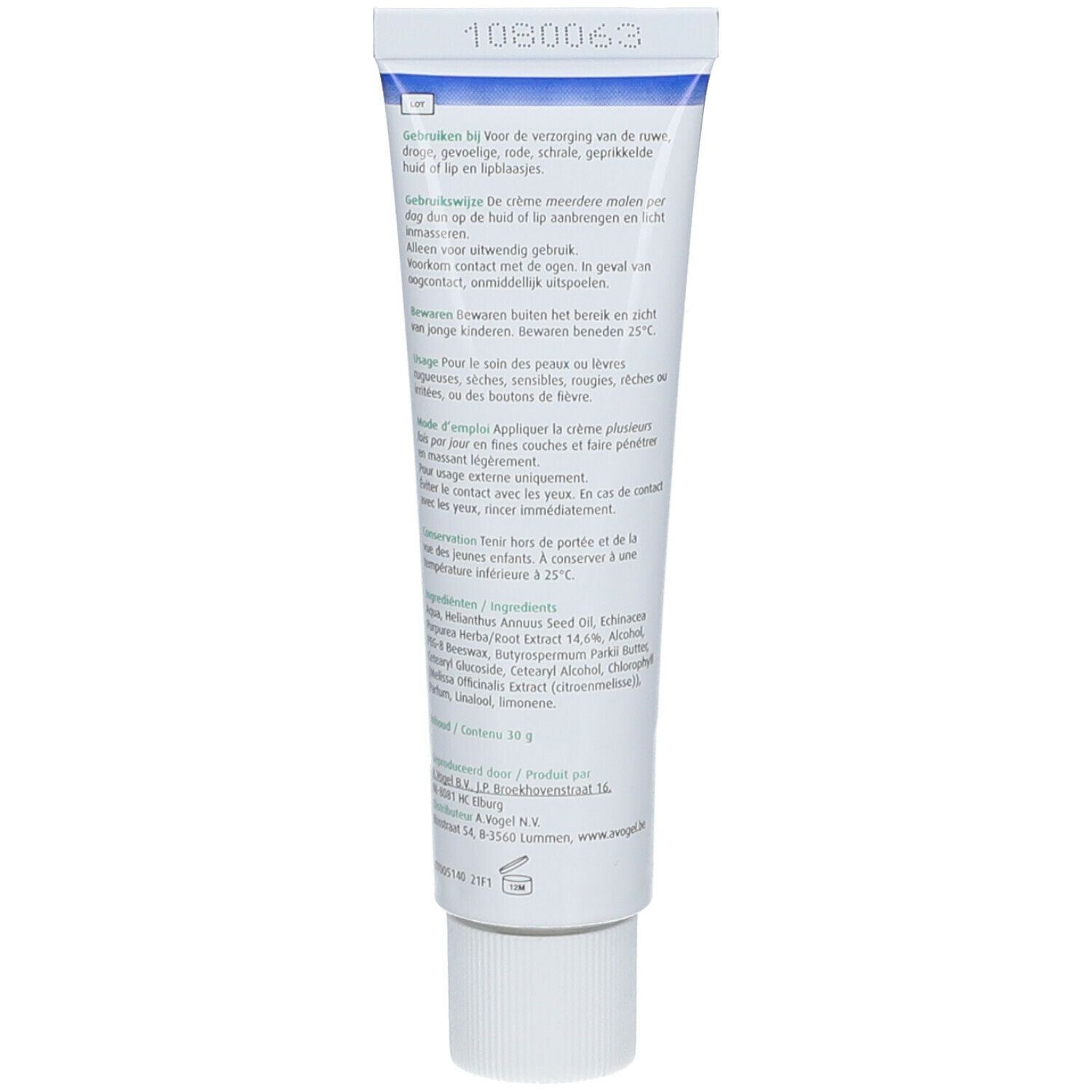 Creme-Tube, weiß, mit blauer und weißer Schrift. Rückseite mit Text in mehreren Sprachen.