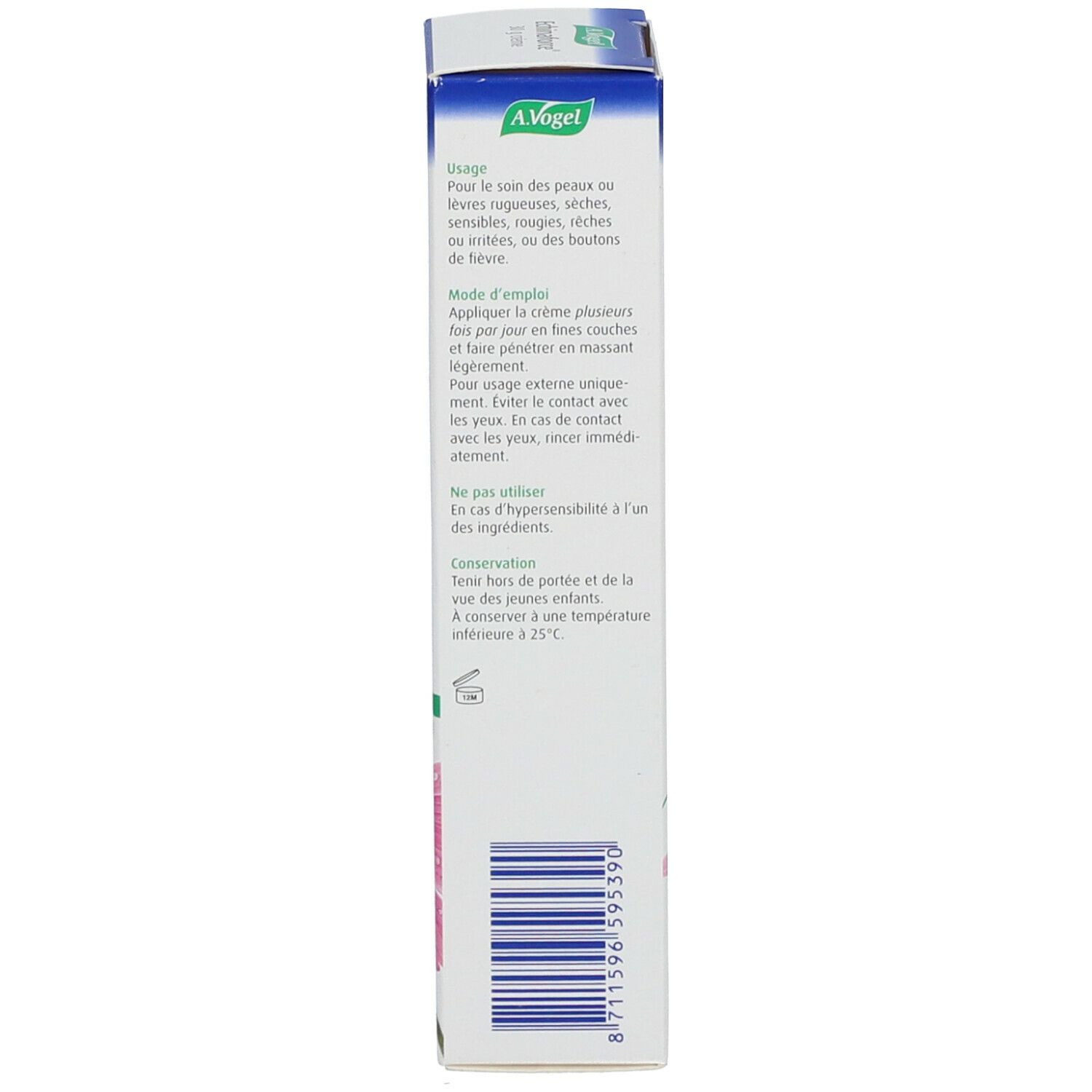 Weiße Schachtel mit Text in Französisch. Enthält Informationen zur Anwendung und Inhaltsstoffe.