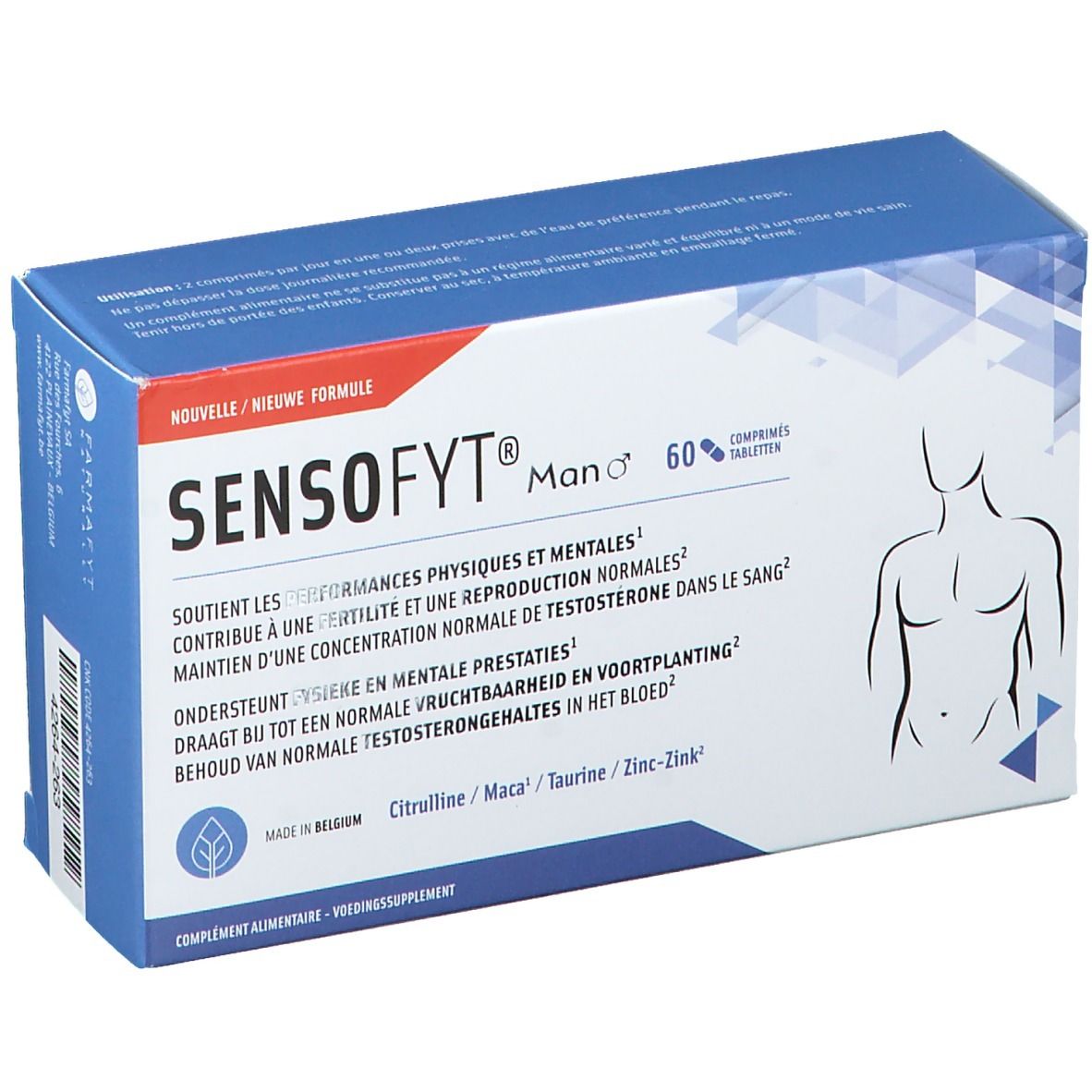Sensofyt® Homme verpakking. Blauwe doos met productnaam en informatie. Illustratie van een man.