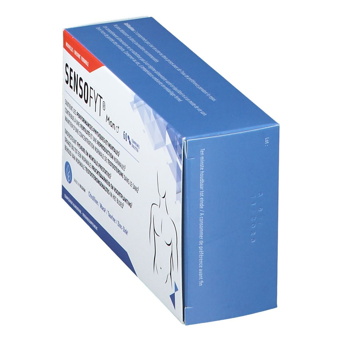 Sensofyt® Homme verpakking. Zijaanzicht. Blauw. Productnaam en informatie. Illustratie van een man.