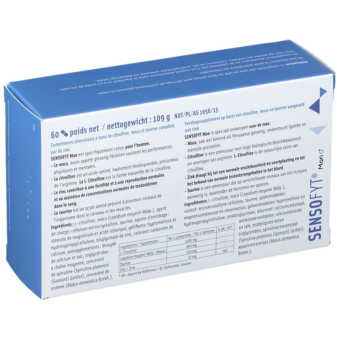 Sensofyt® Homme verpakking. Achterkant. Blauw. Ingrediënten en informatie. Bevat 60 tabletten.
