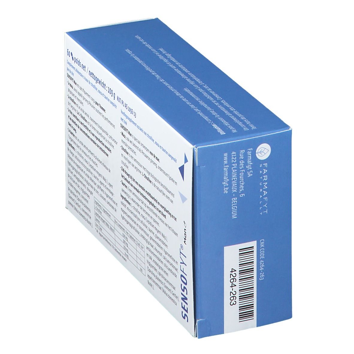 Sensofyt® Homme verpakking. Zijaanzicht. Blauw. Productnaam en informatie. Barcode.