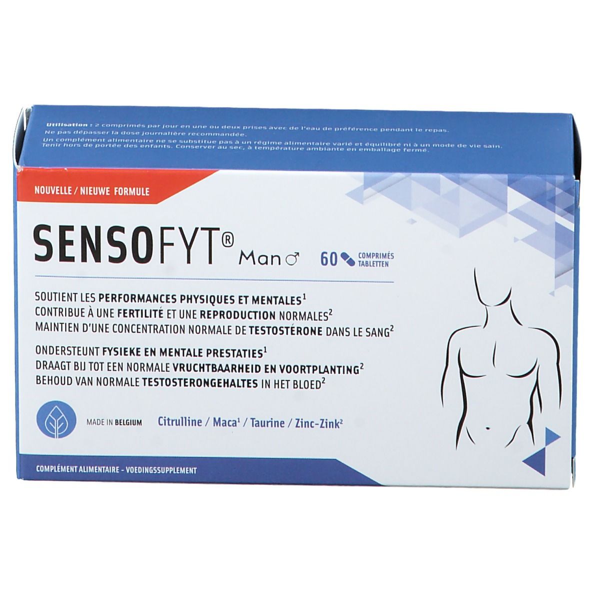 Sensofyt® Homme verpakking. Blauwe doos met productnaam en informatie. Illustratie van een man.