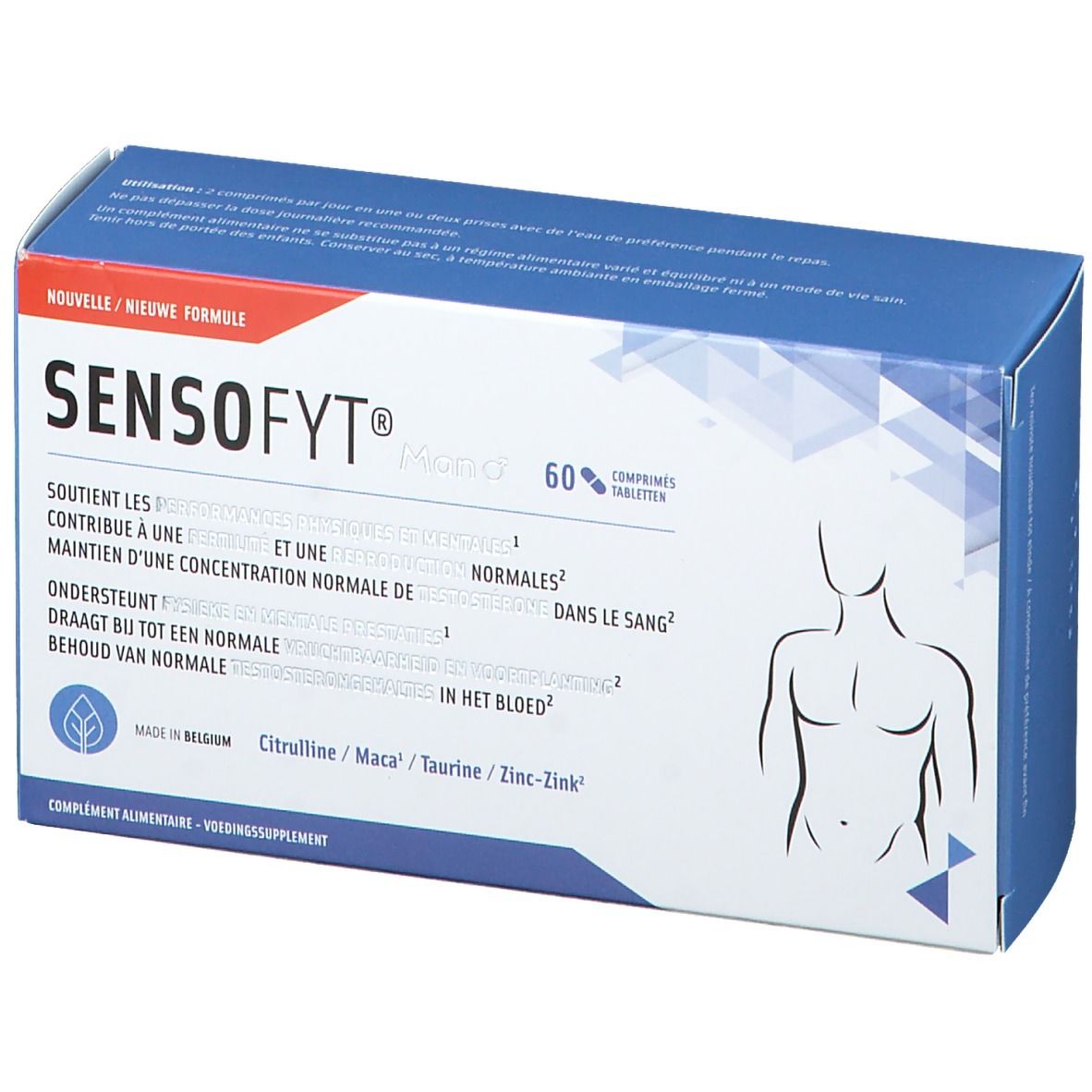 Sensofyt® Homme verpakking. Blauw. Productnaam en informatie. Bevat 60 tabletten.