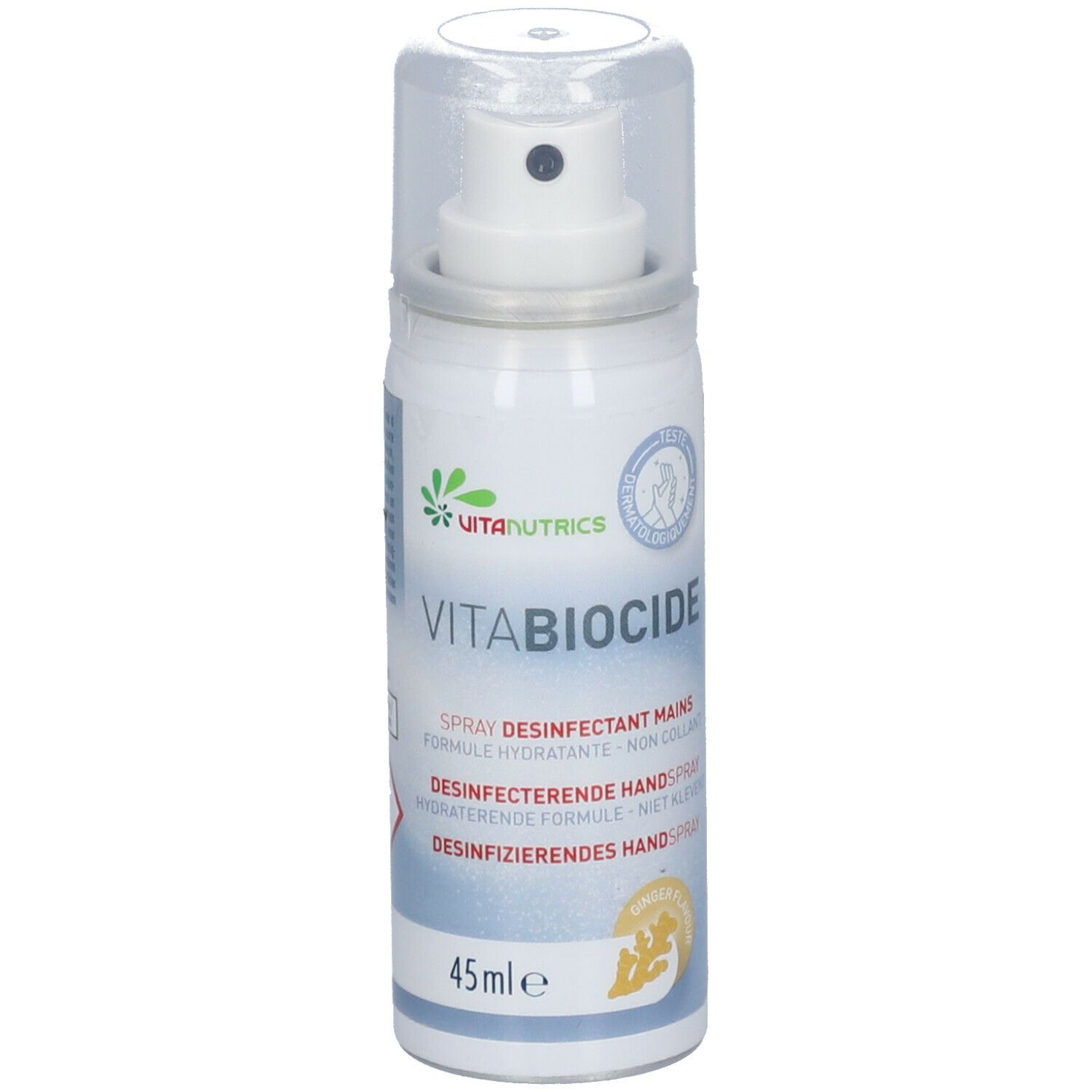 Flacon spray blanc. Inscription: VITA BIOCIDE, 45ml. Logo: Vitanutrics. Produit pour les mains.