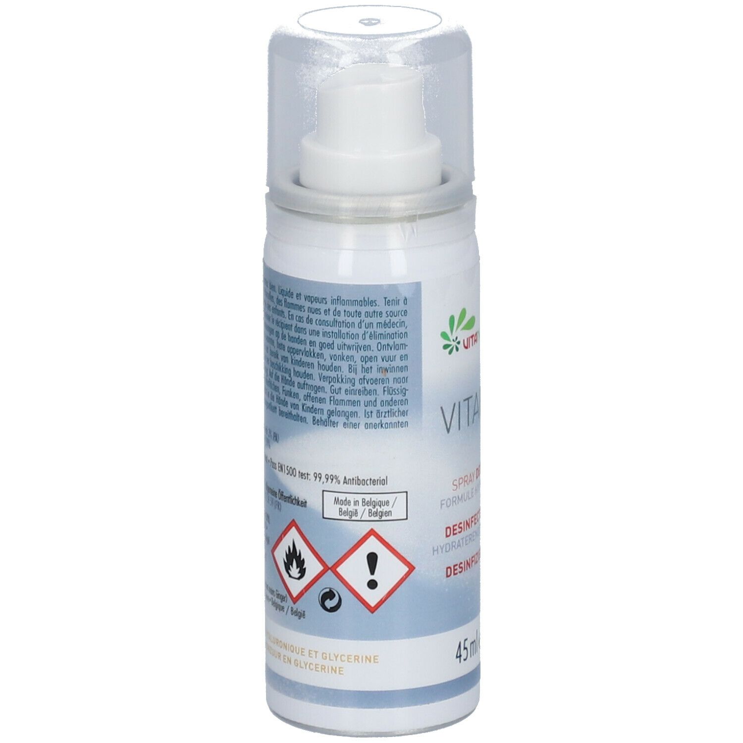 Dos du flacon spray. Texte multilingue. Avertissements et pictogrammes. Volume: 45ml.