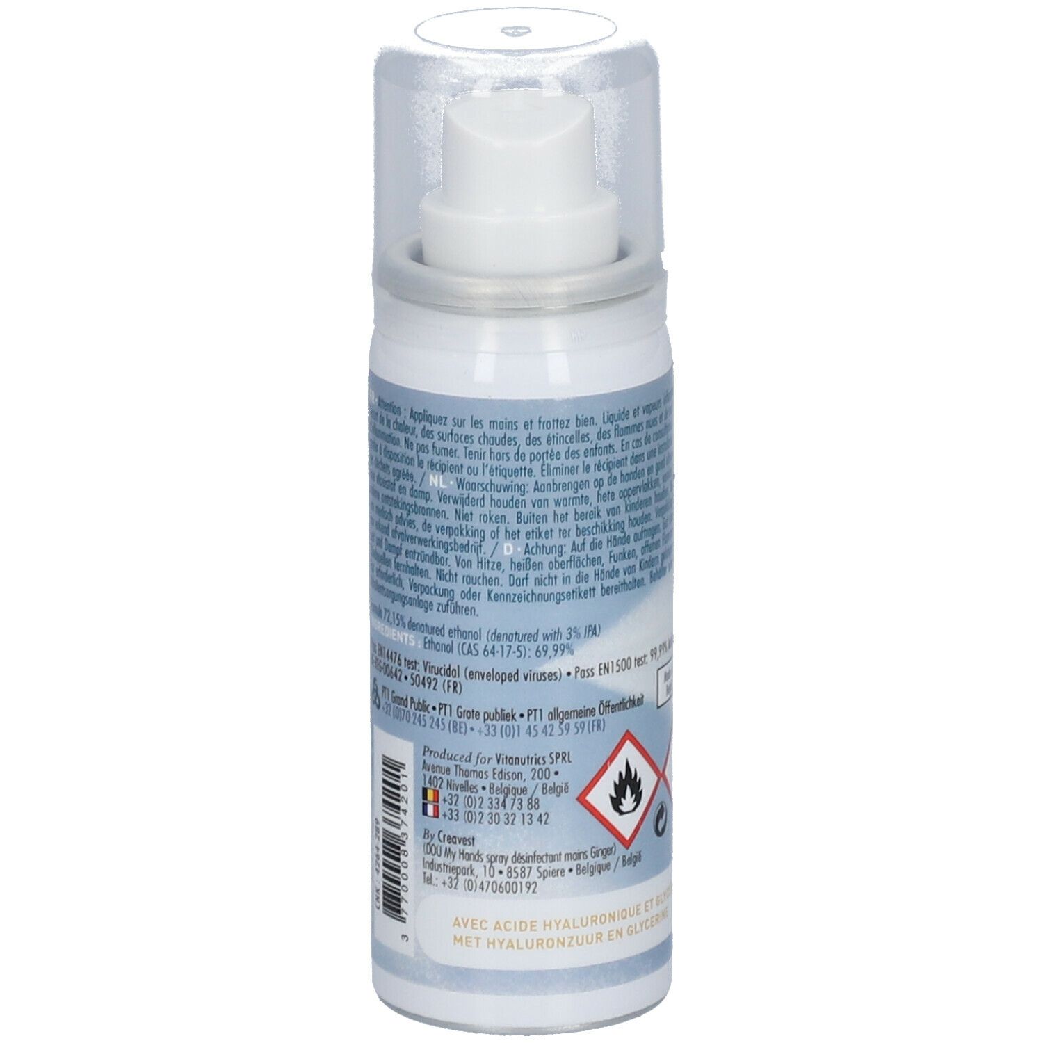 Dos du flacon spray. Texte multilingue. Avertissements et pictogrammes. Volume: 45ml.