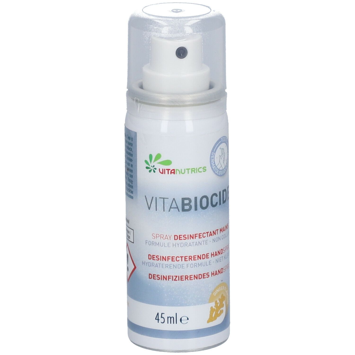 Flacon spray blanc. Inscription: VITA BIOCIDE, 45ml. Logo: Vitanutrics. Produit pour les mains.