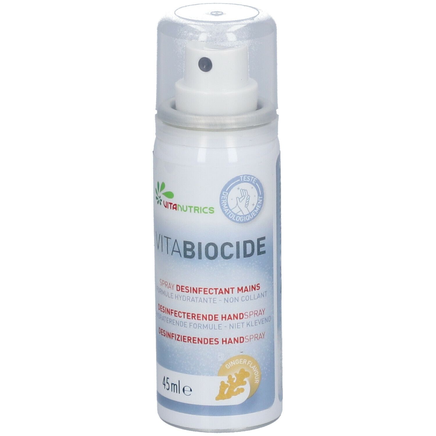 Flacon spray blanc. Inscription: VITA BIOCIDE, 45ml. Logo: Vitanutrics. Produit pour les mains.